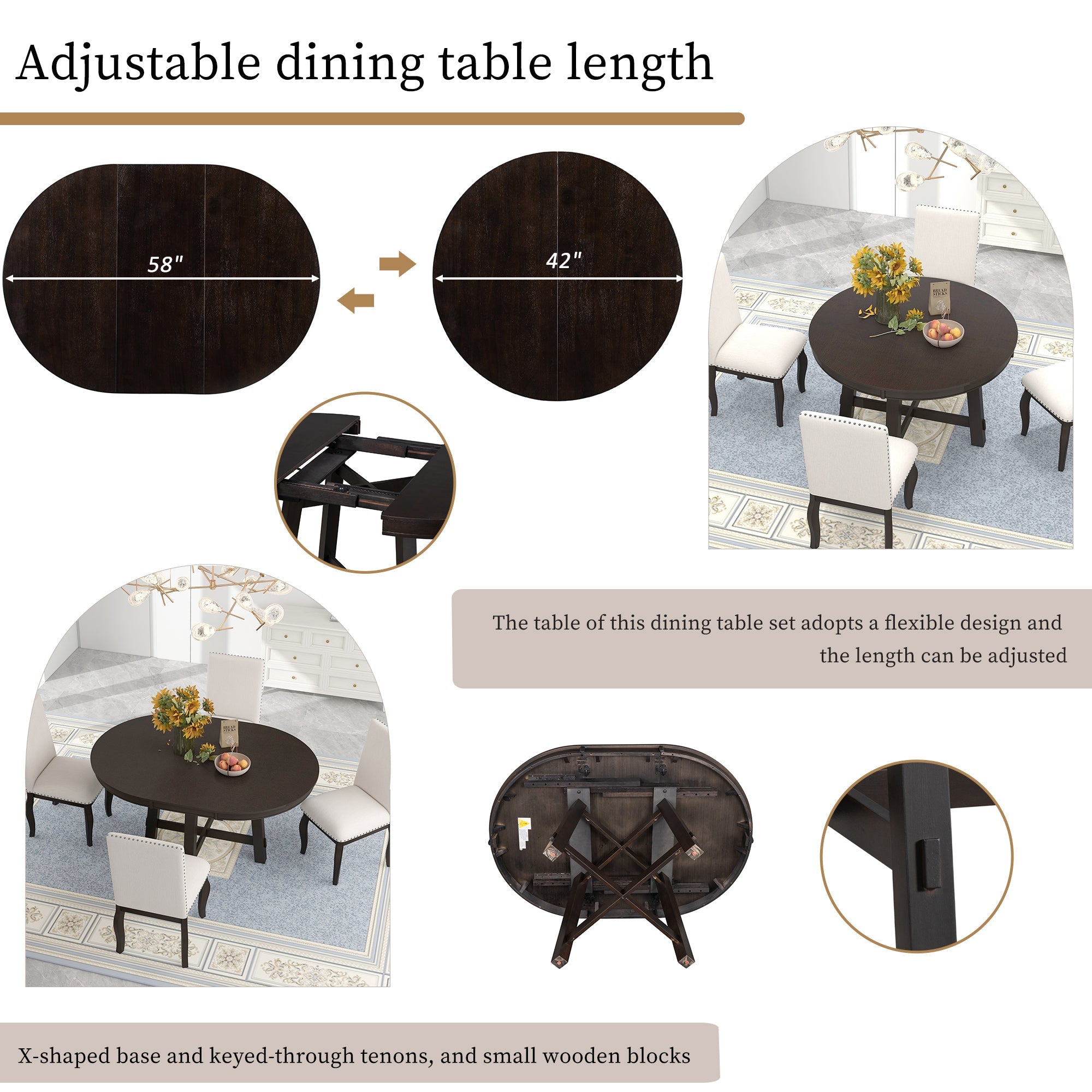 Round Extendable Dining Table — 16" Leaf, X-Base, Seats 6