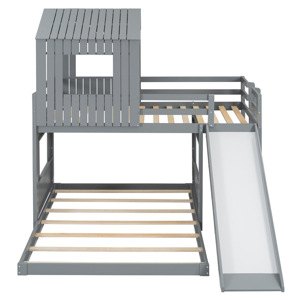 Gray bunk bed built-in slide and 3-step ladder layout