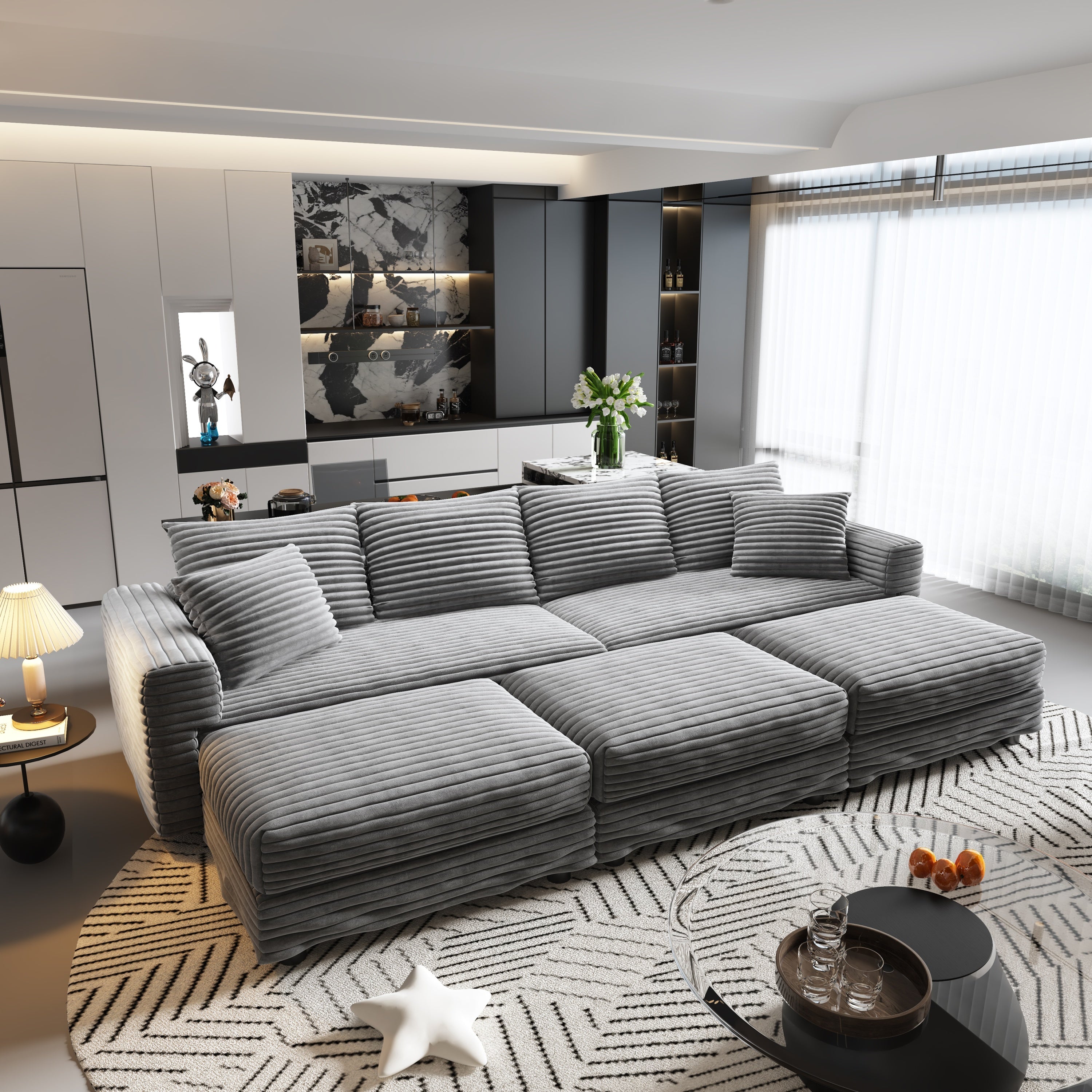 102.4 'Plush Corduroy 4-Seat Sofa,Modern Comfy Upholstered Sofa Cloud Couch,Deep Seat Couches with Soft Pillows and 3 Ottomans,Convertible Sofa Lounge Chair,Black(Old SKU:W1885S00287)