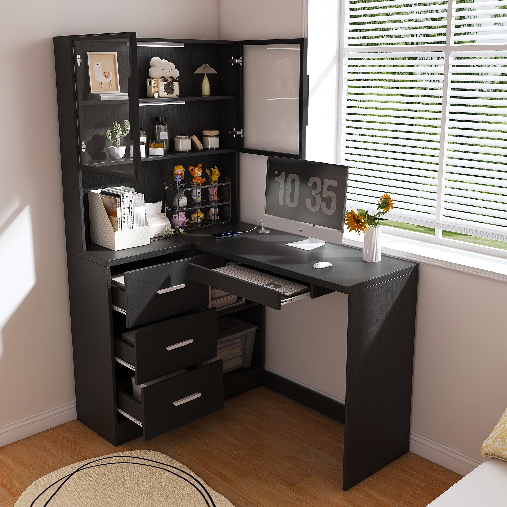 L-Shaped Computer Desk with Glass Cabinets, LED Lights & USB Charging — 43-Inch