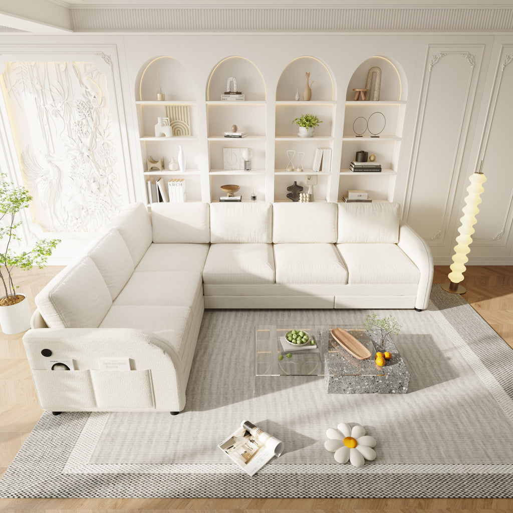 115.2' L-Shaped Sofa Couch with Pull-Out Bed,Oversize Convertible Sleeper Sofa with side Pocket & USB Port,Teddy Upholstered Sectional Couches with Convert Left/Right Facing, Light Grey
