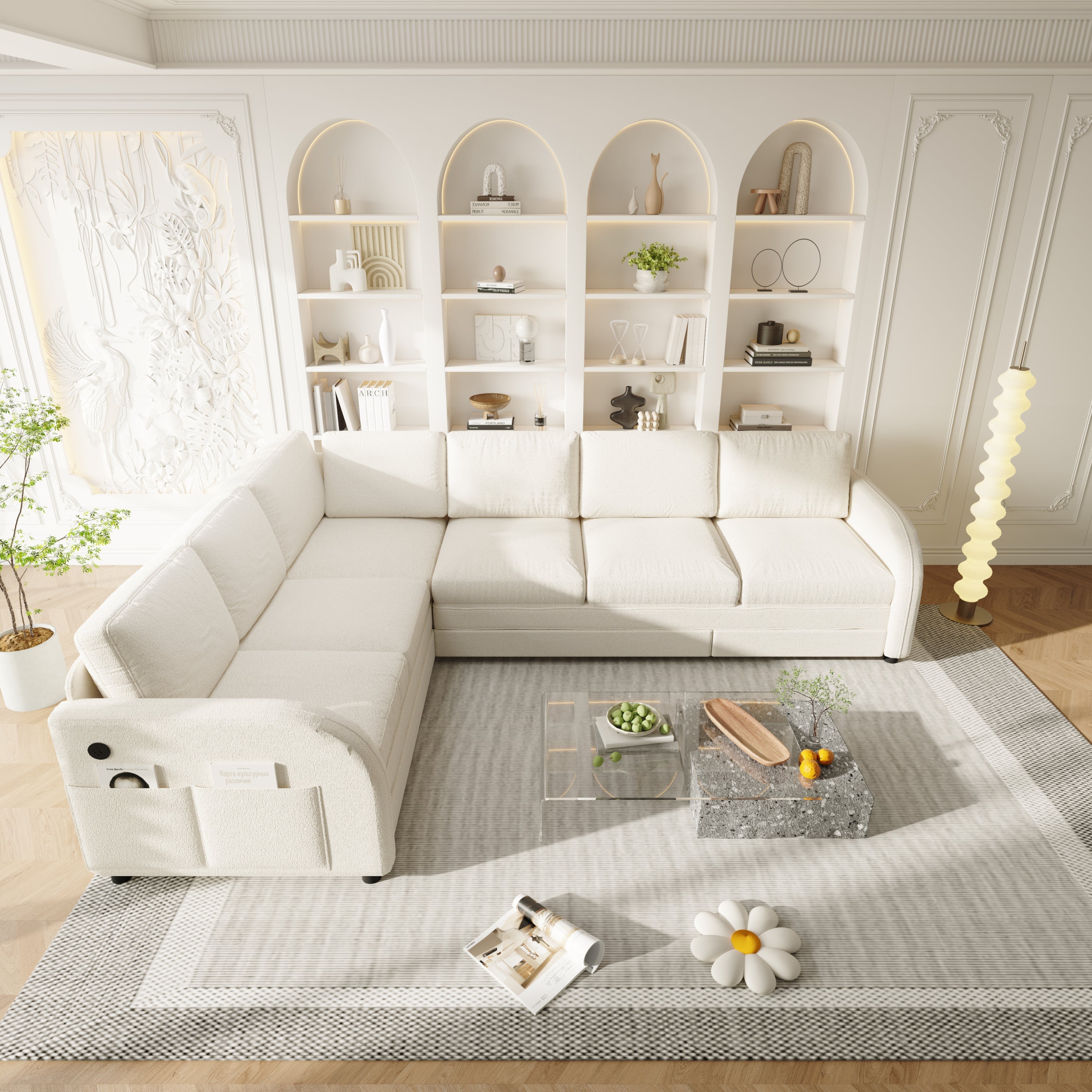 115.2' L-Shaped Sofa Couch with Pull-Out Bed,Oversize Convertible Sleeper Sofa with side Pocket & USB Port,Teddy Upholstered Sectional Couches with Convert Left/Right Facing, Light Grey