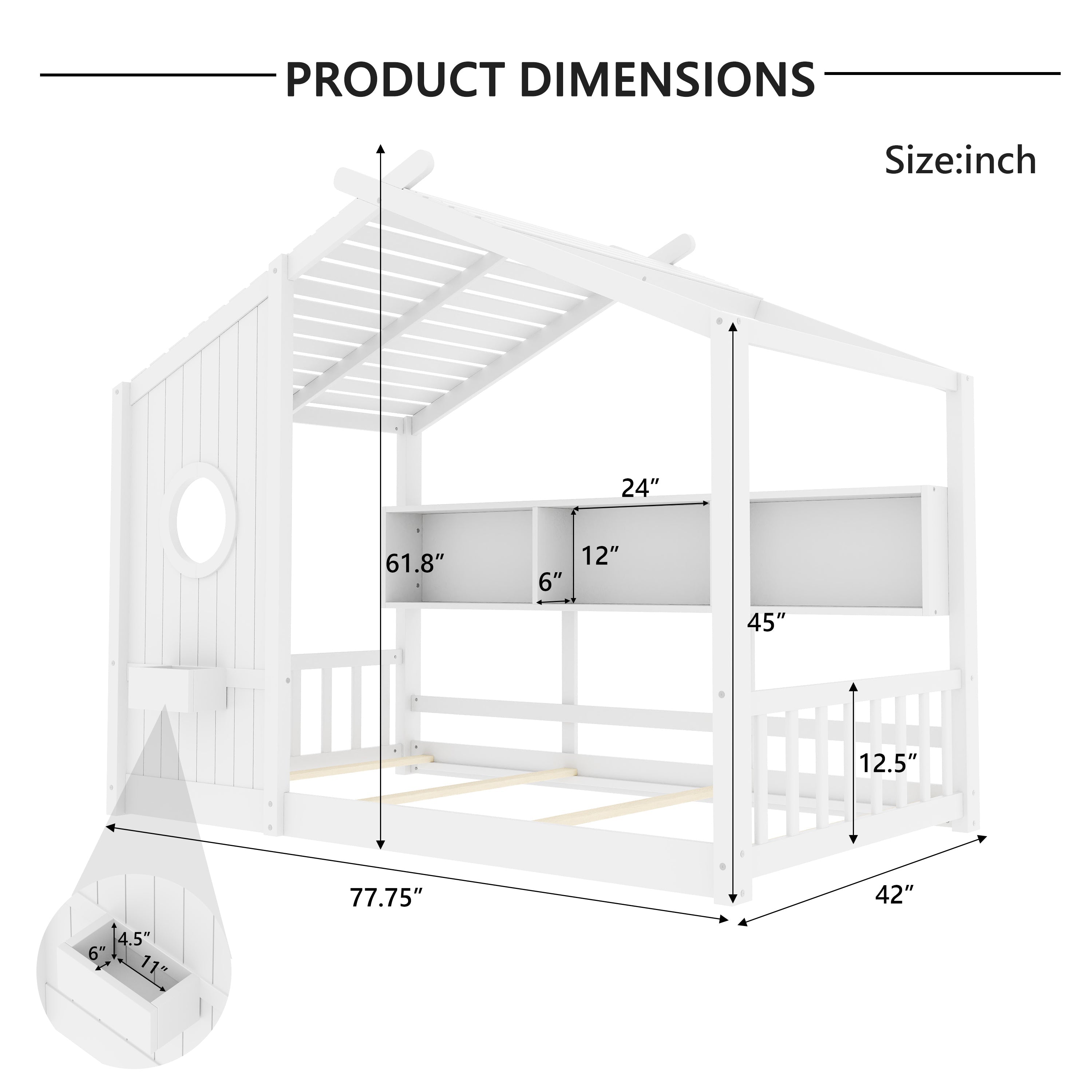 Twin Size Floor House Bed for Toddler, Kids Montessori Bed with Storage Shelf, Playhouse Bed with Roof Design, Gray