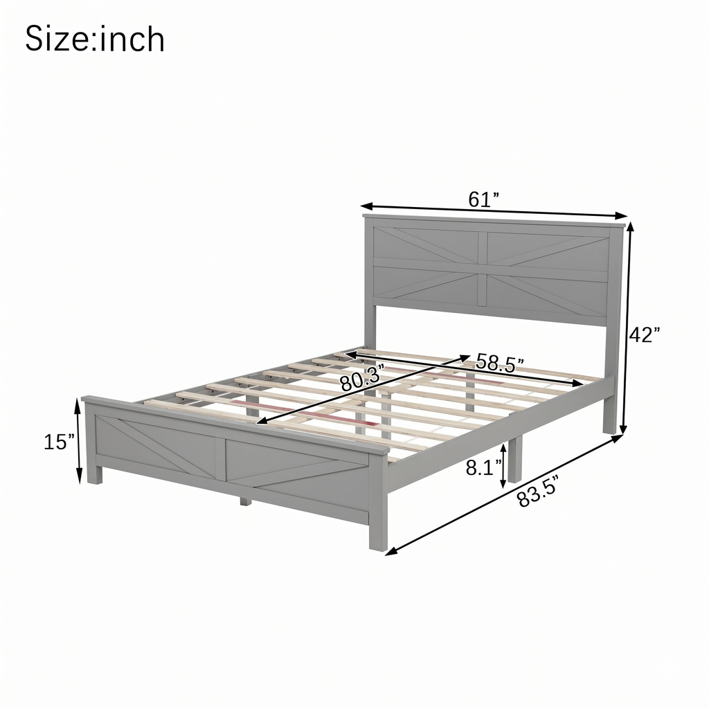 Farmhouse Style Queen Size Bed with Barn Door Designed Headboard and Footboard, Pinewood Bed with Strengthened Bed Frame ,White