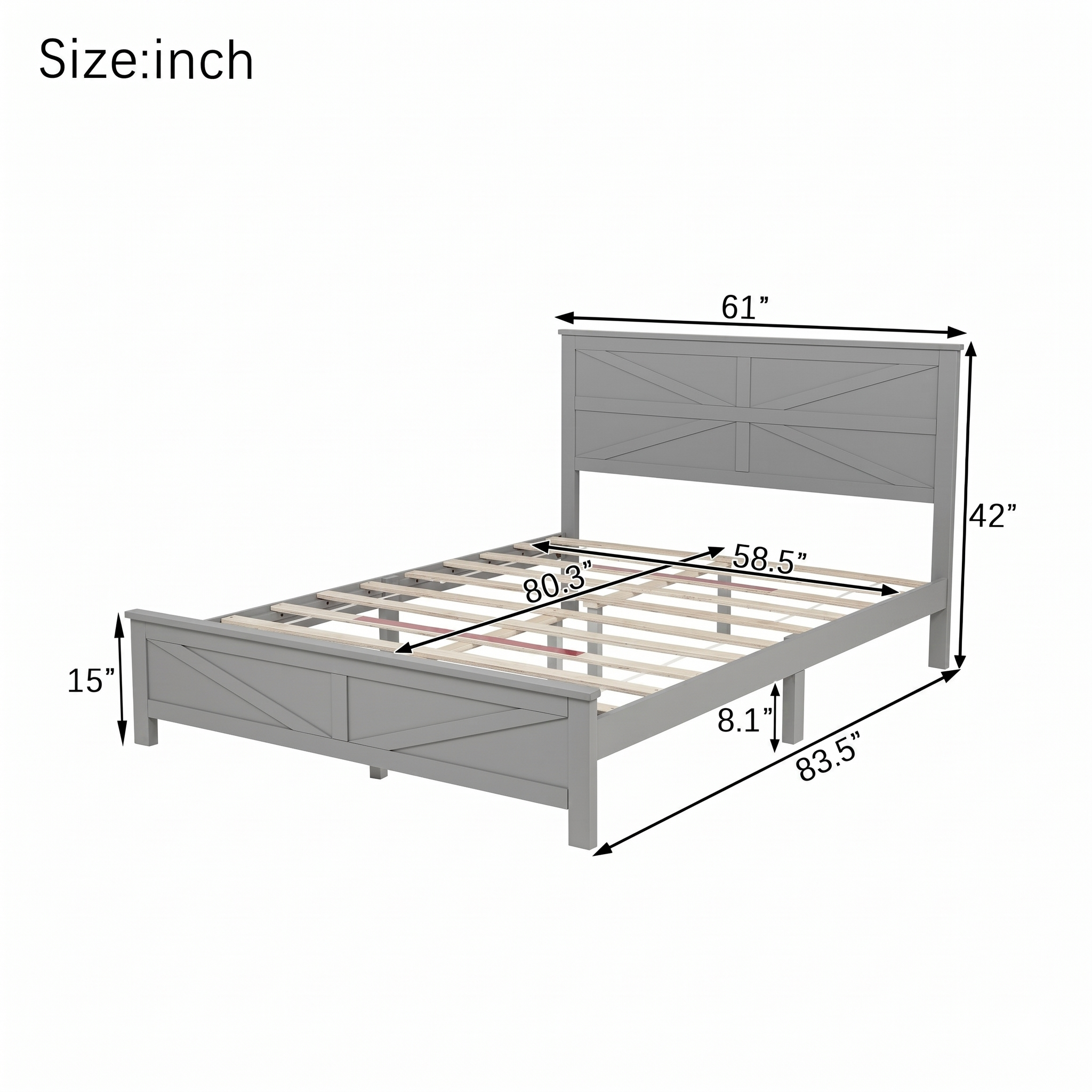 Farmhouse Style Queen Size Bed with Barn Door Designed Headboard and Footboard, Pinewood Bed with Strengthened Bed Frame ,White
