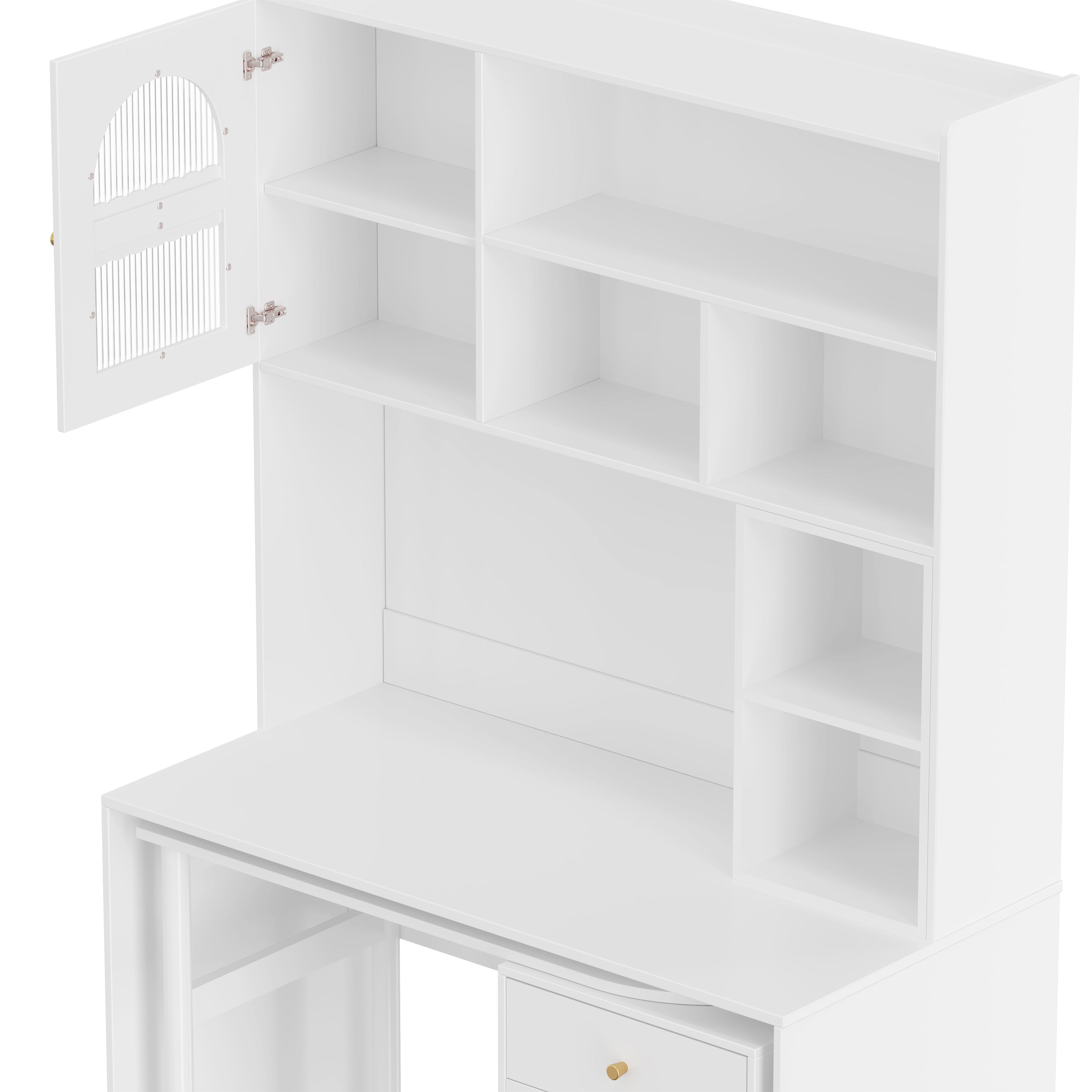 Home office desk open shelf storage compartment detail