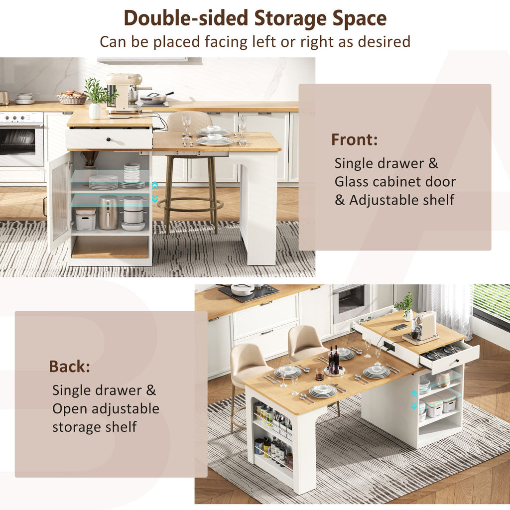 K&K 59.5' Kitchen Island with Extendable Dining Table, Kitchen Storage Table with Double-sided Storage, Kitchen Island with 2 Drawers, Power Outlet, Side Open Shelves, for Kitchen, Dining Room, Black