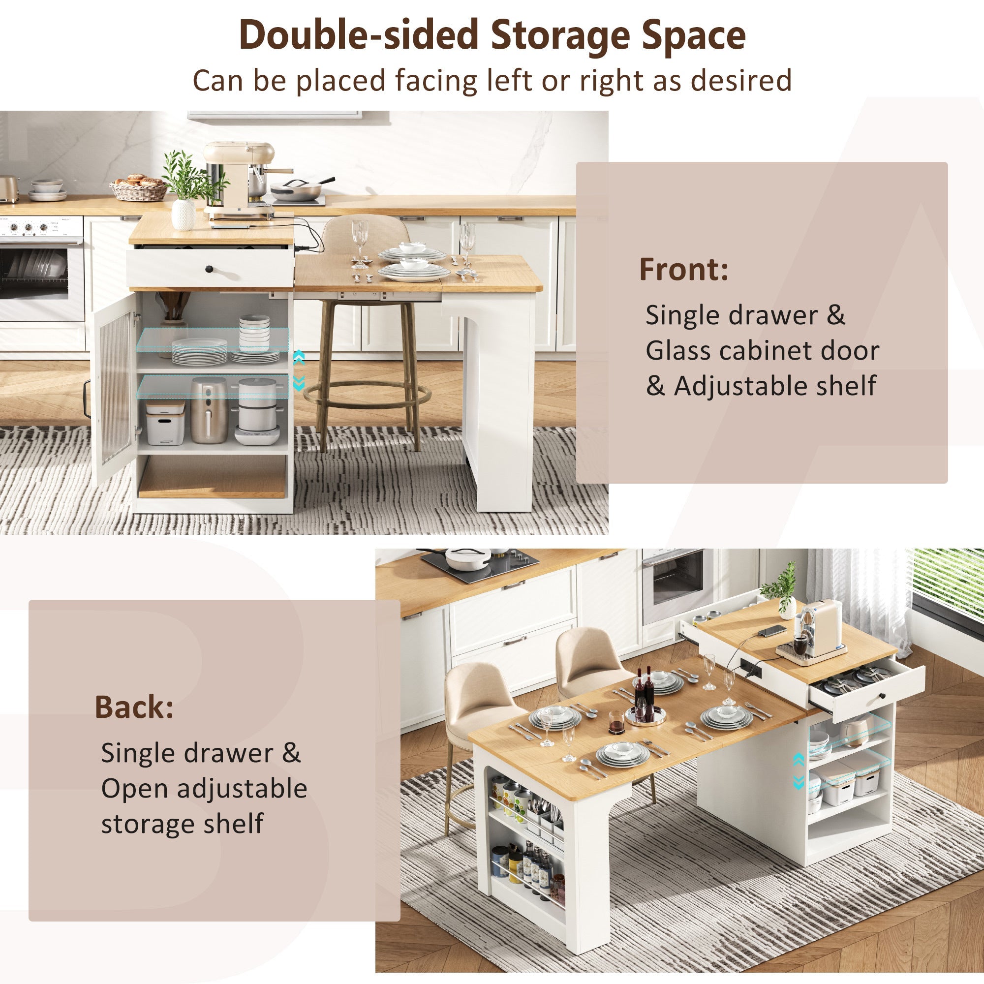 K&K 59.5' Kitchen Island with Extendable Dining Table, Kitchen Storage Table with Double-sided Storage, Kitchen Island with 2 Drawers, Power Outlet, Side Open Shelves, for Kitchen, Dining Room, Black