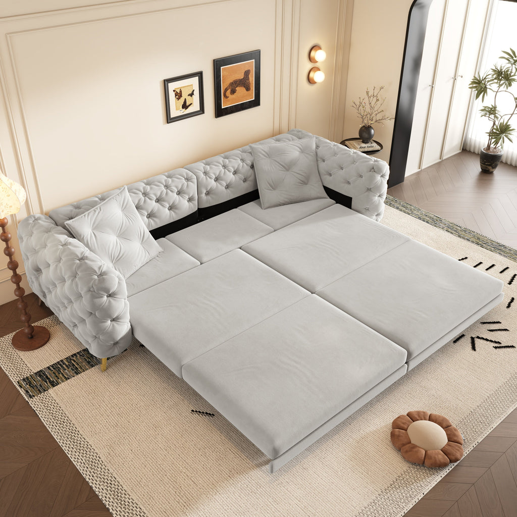 97.7' 3-in-1 Convertible Sleeper Sofa, 28.4' Deep Seat Pull Out Sofa Bed,Button Tufted Modern Sofa, 4-Seater Couch with Movable Ottoman for Apartment, Office, Bedroom,Beige/White