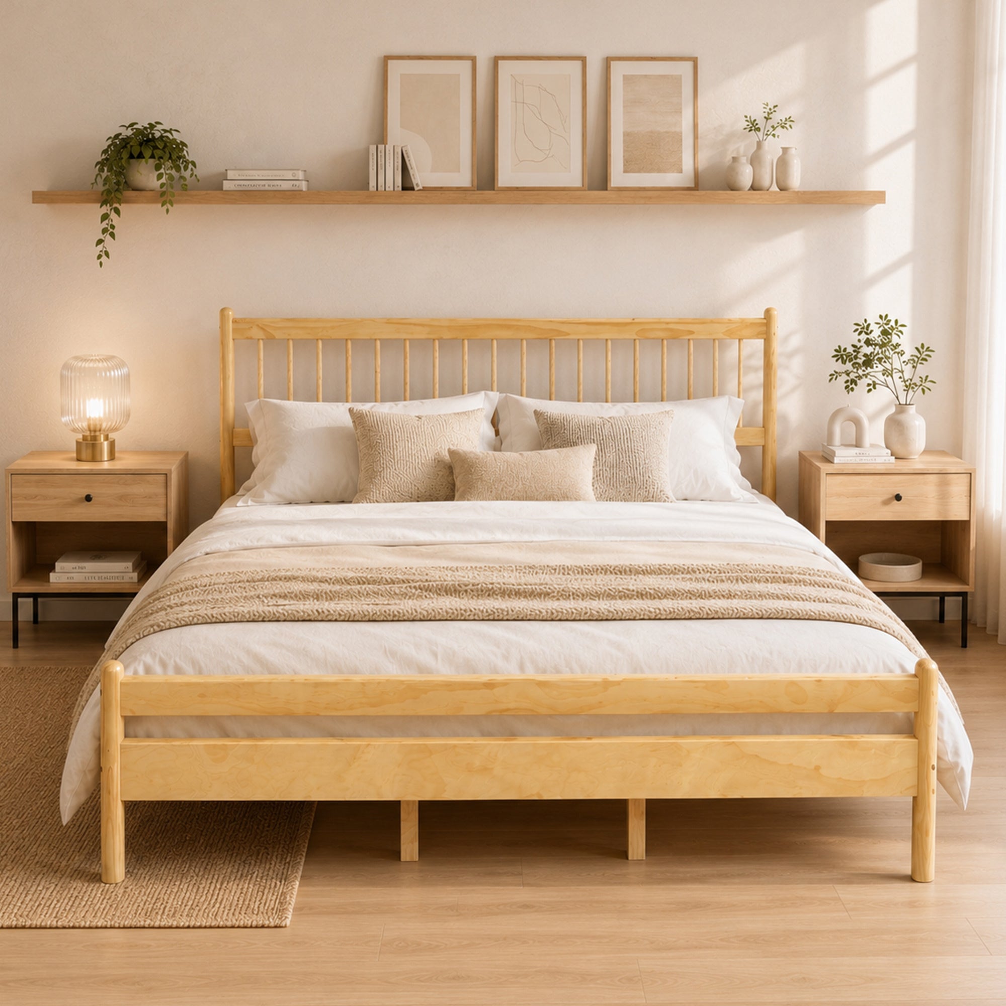 Traditional Style King Size Bed with Headboard and Footboard, Pinewood Bed with Strengthened Bed Frame,Walnut
