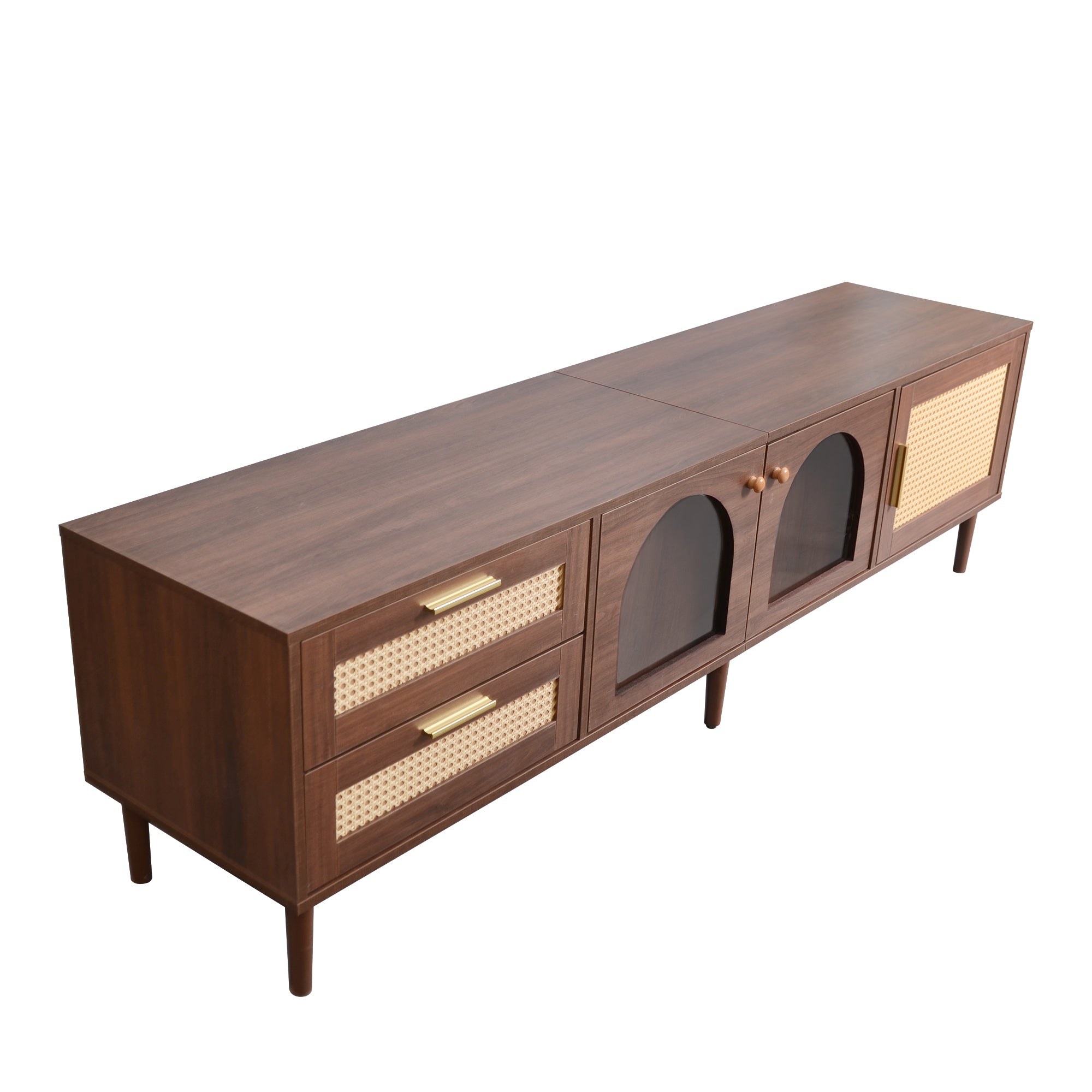Dark brown rattan-inspired TV stand — front view