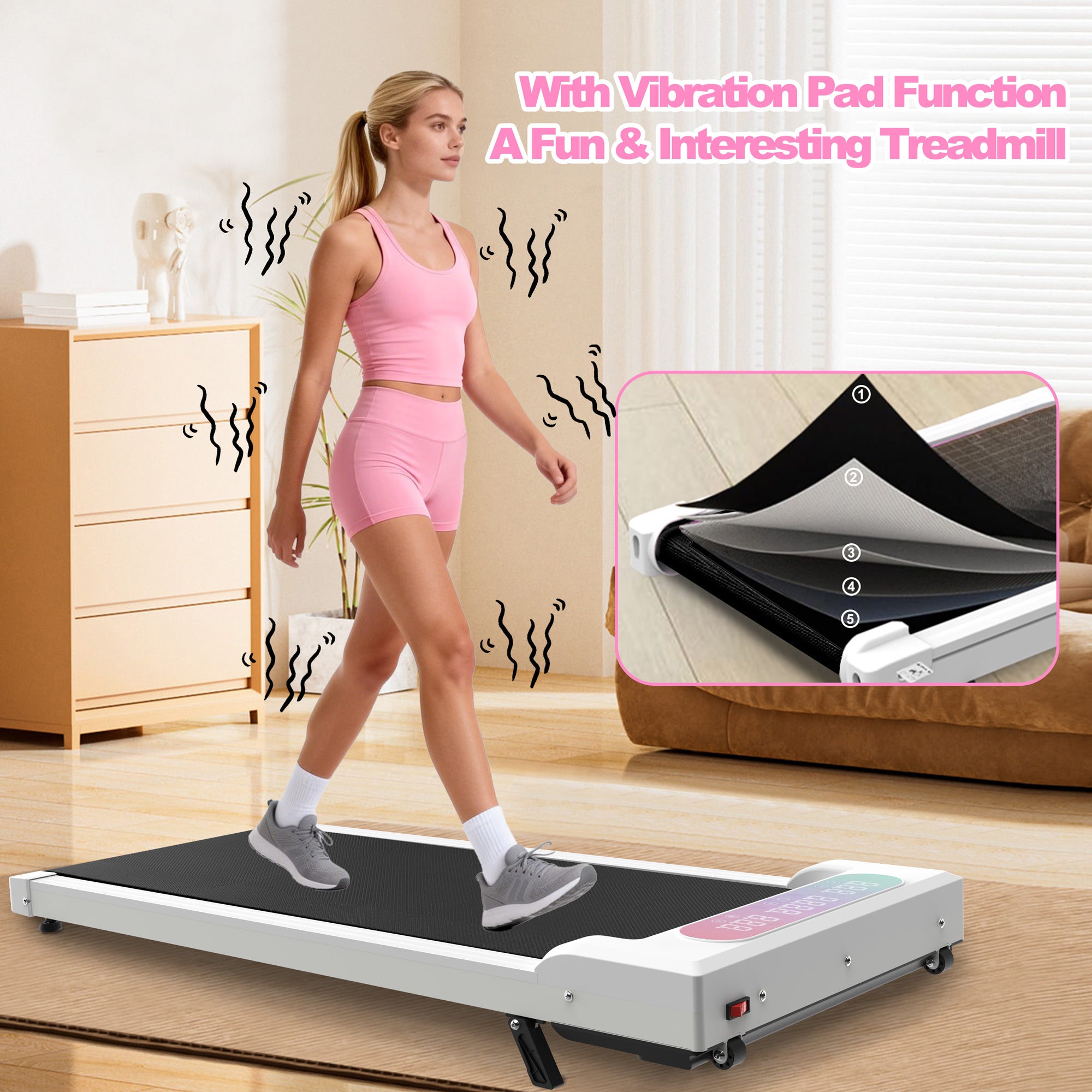White treadmill running deck anti-slip surface close-up
