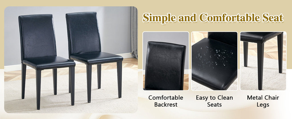 Table and chair set. 71 * 35.4 inch Wood grain MDF splicing desktop with X-shaped metal frame dining table.Includes 8 white PU dining chairs With Black Metal Legs.Making it an ideal choice for home.
