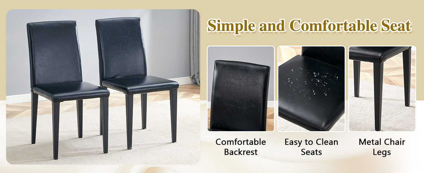 Table and chair set. 71 * 35.4 inch Wood grain MDF splicing desktop with X-shaped metal frame dining table.Includes 8 white PU dining chairs With Black Metal Legs.Making it an ideal choice for home.