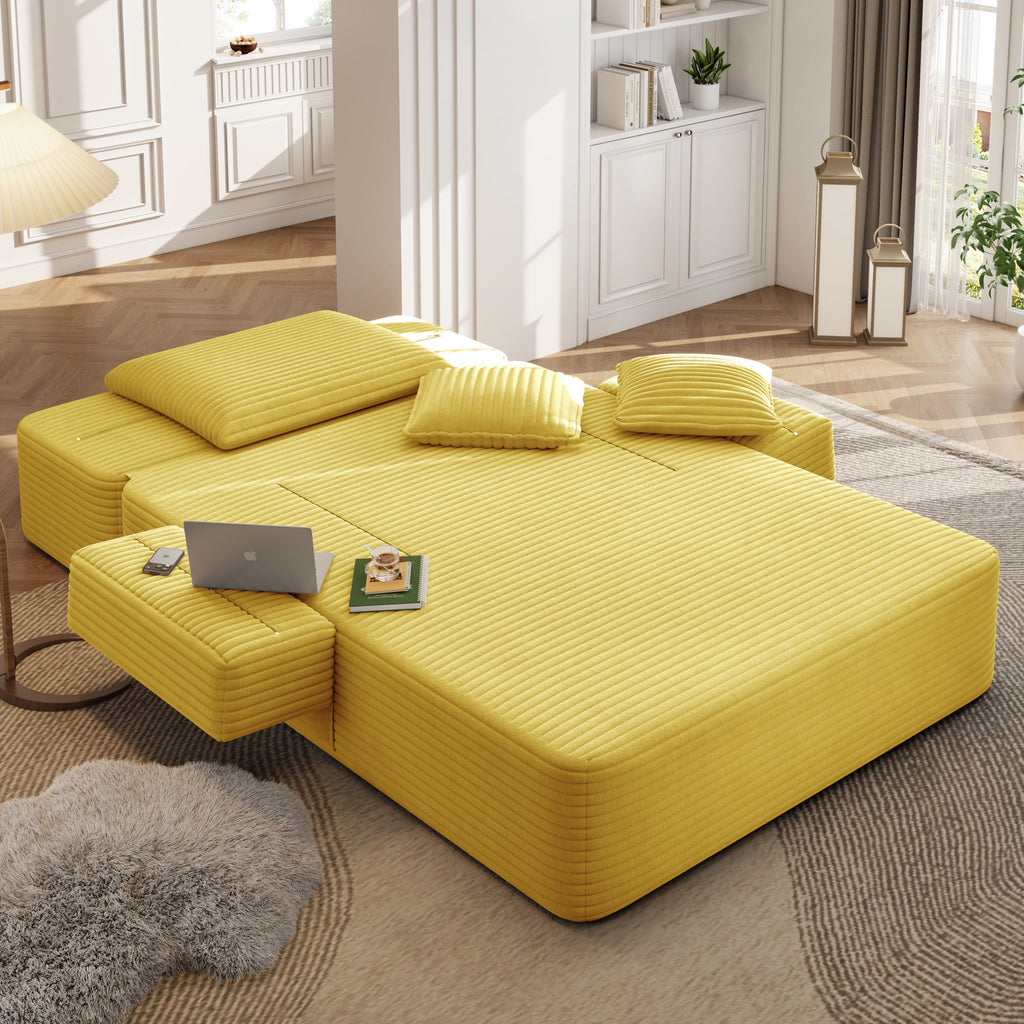 Oversized Plush Corduroy Chaise Lounge Sofa Bed,Convertible Sleeper Couch Bed w/ Storage Pockets,3 Soft Pillows,Multi-Functional Frameless Sofa Couch for Apartment,Home Theater,Guest Room,Beige&White
