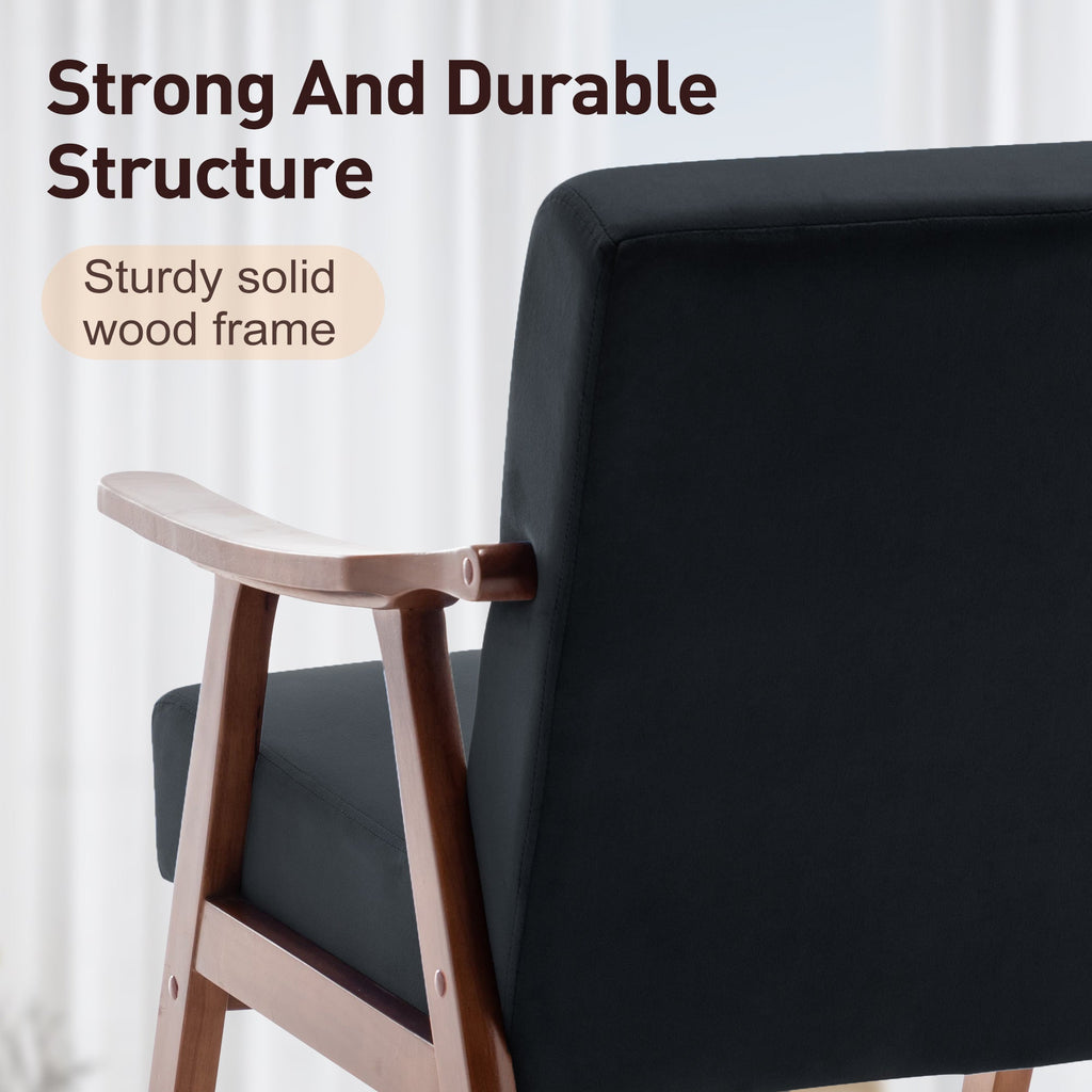 Velvet Mid-Century Wingback Accent Chair — Wood Frame & Thick Backrest