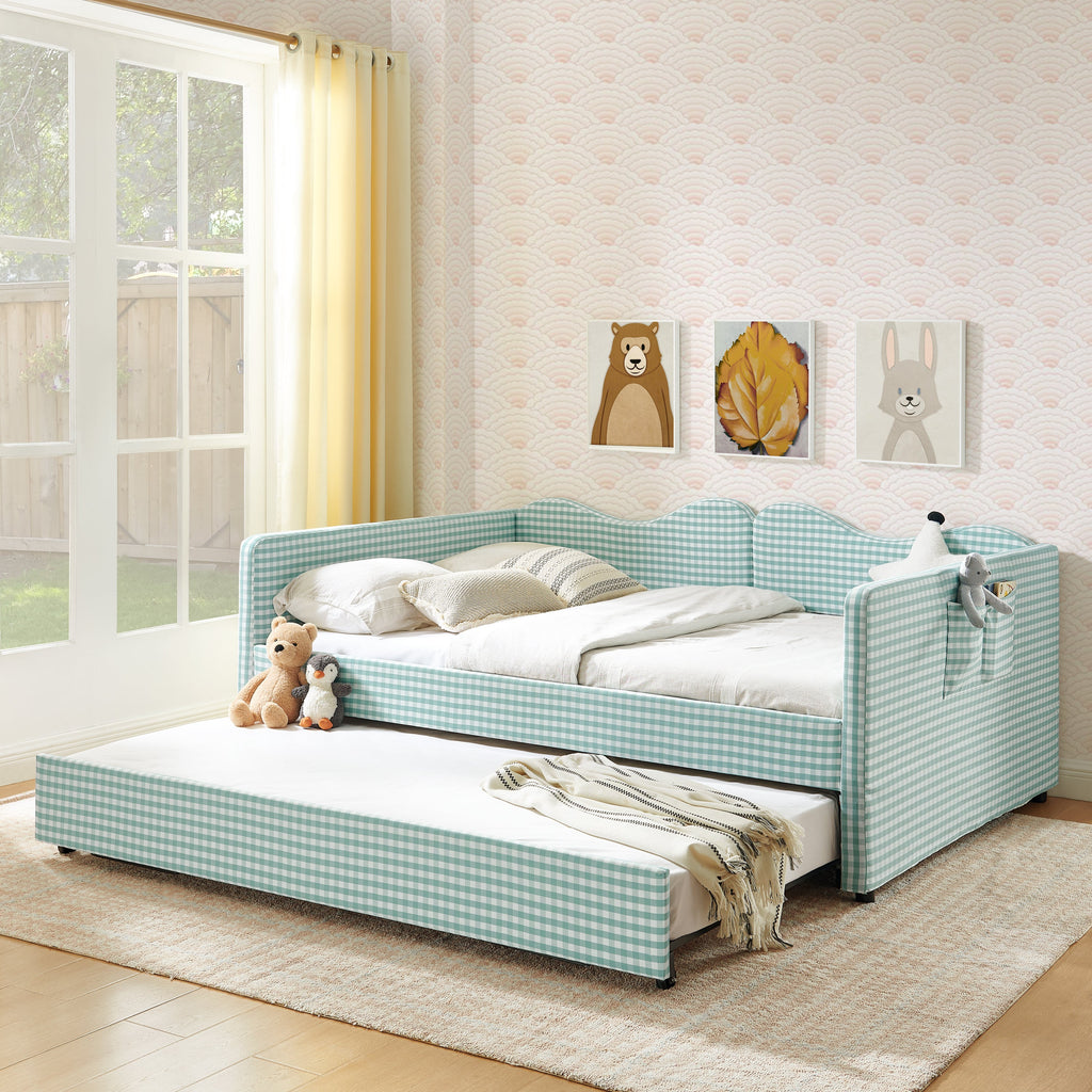 Full‑Size Daybed,Gingham Upholstered Daybed Equipped with Pull-Out Trundle Bed Frame & Side Storage Pocket, Solid Wood Frame Multi-Functional Sofa Bed for Kids Room & Guest Bedroom-PINK