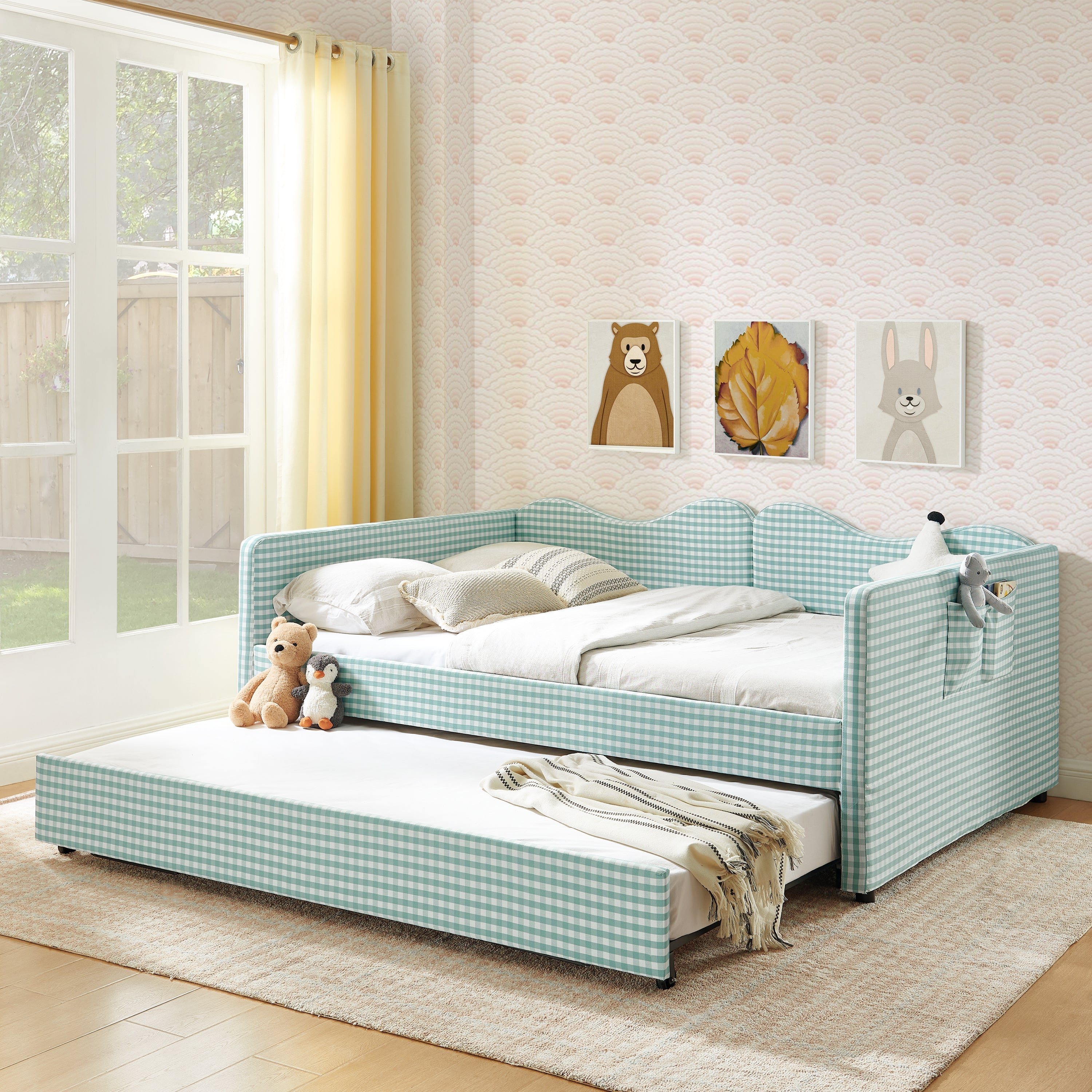 Full‑Size Daybed,Gingham Upholstered Daybed Equipped with Pull-Out Trundle Bed Frame & Side Storage Pocket, Solid Wood Frame Multi-Functional Sofa Bed for Kids Room & Guest Bedroom-PINK
