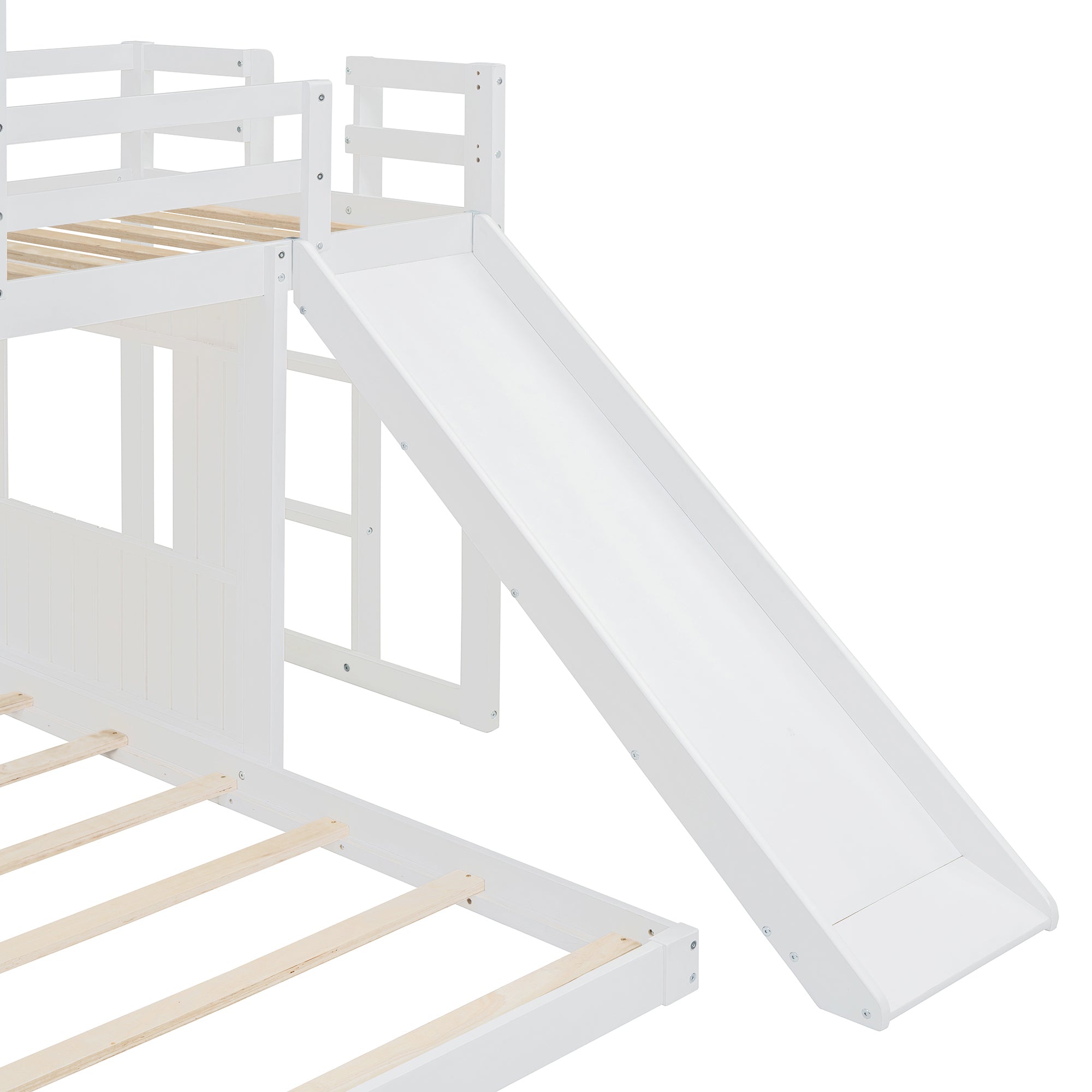 White bunk bed with integrated slide detail
