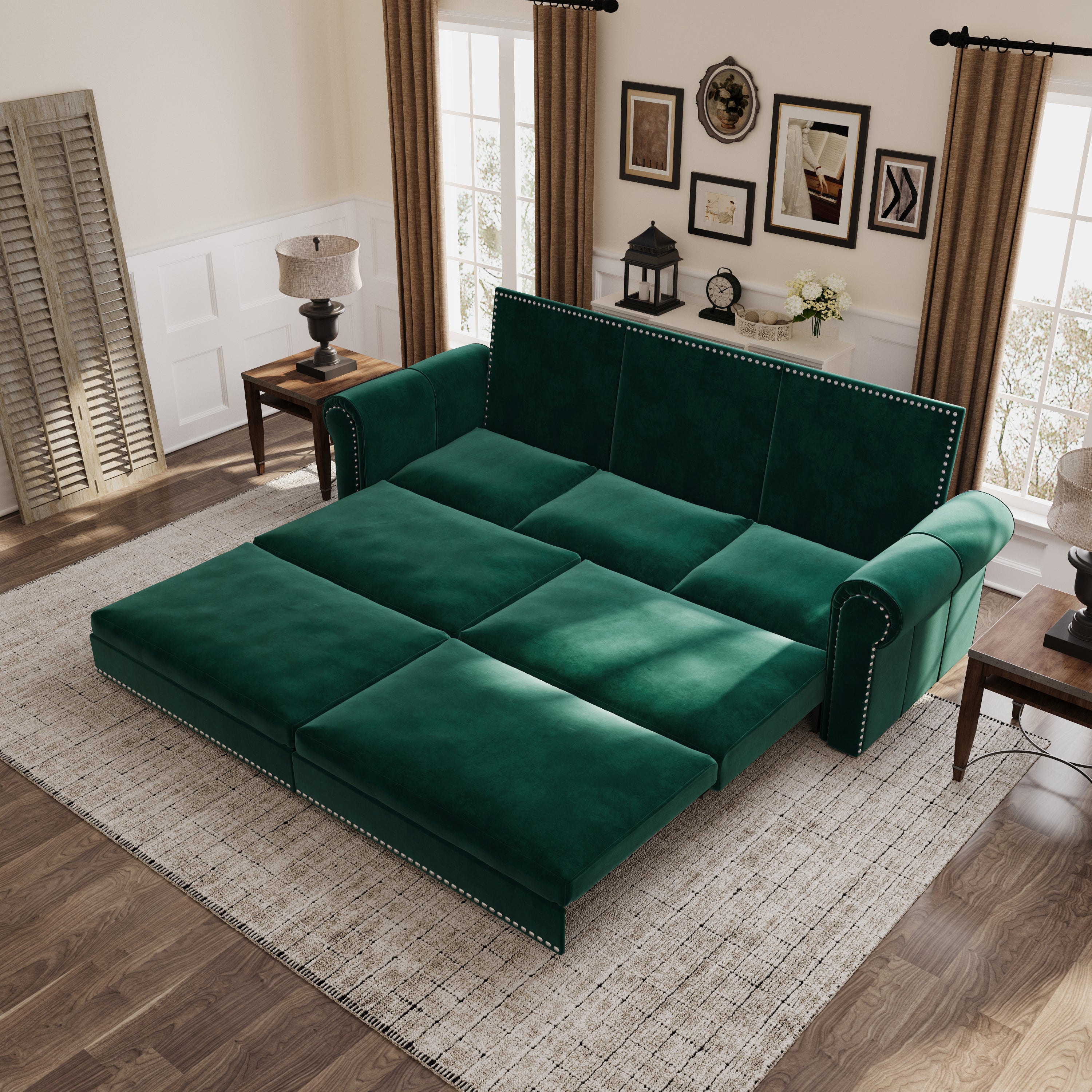 3-in-1 convertible Chesterfield sleeper in living room setting