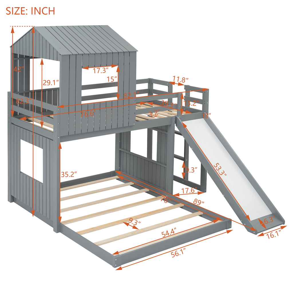 Gray pine wood playhouse bunk bed frame in kids bedroom