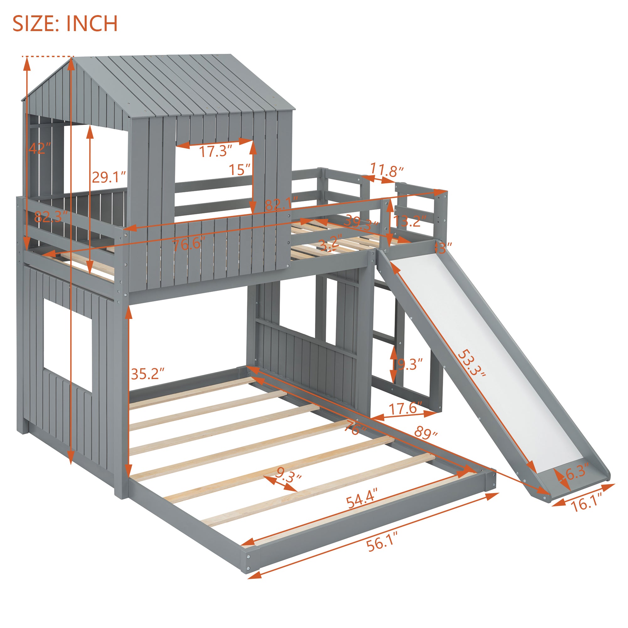 Gray pine wood playhouse bunk bed frame in kids bedroom