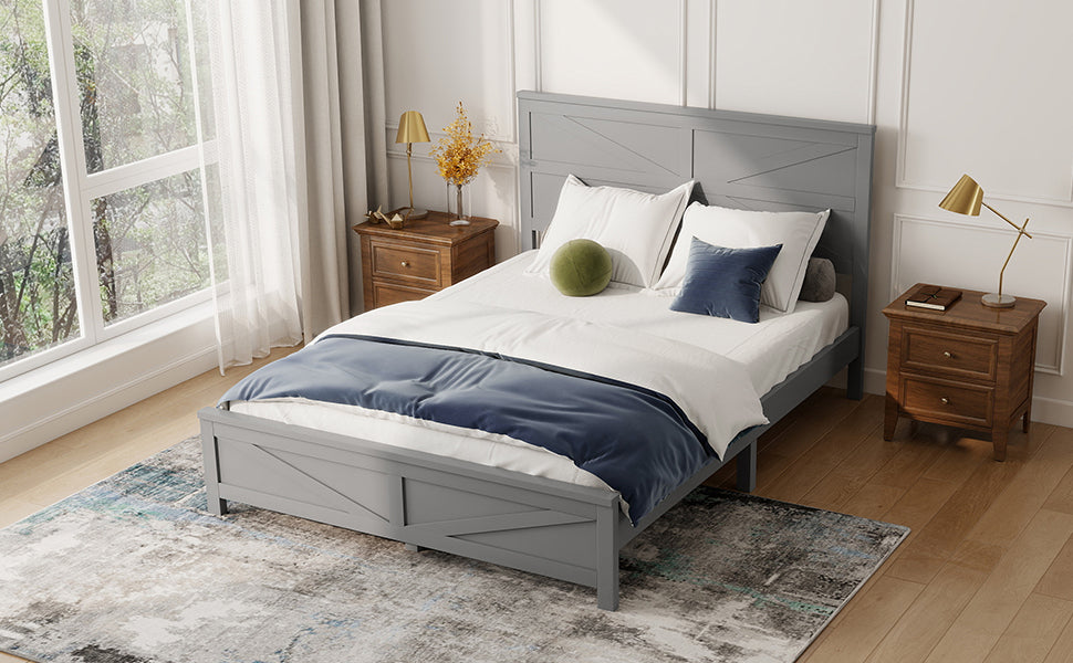 Farmhouse Style Queen Size Bed with Barn Door Designed Headboard and Footboard, Pinewood Bed with Strengthened Bed Frame ,White