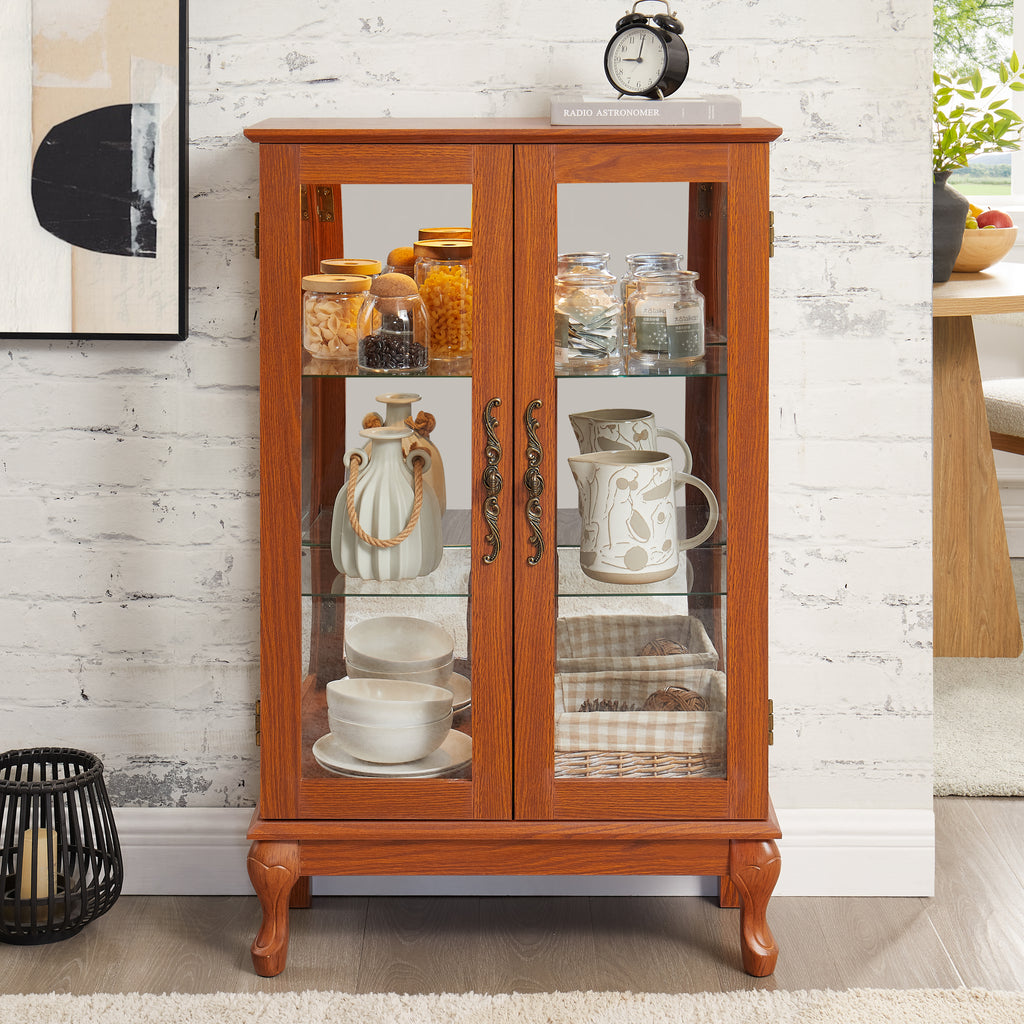 2 Doors Curio Cabinet with Tempered Glass Doors, Curio Cabinets with Mirrored Back Panel and Adjustable Shelves, Lighted Display Cabinet for Home, Office Light Bulb Included DARK OAK
