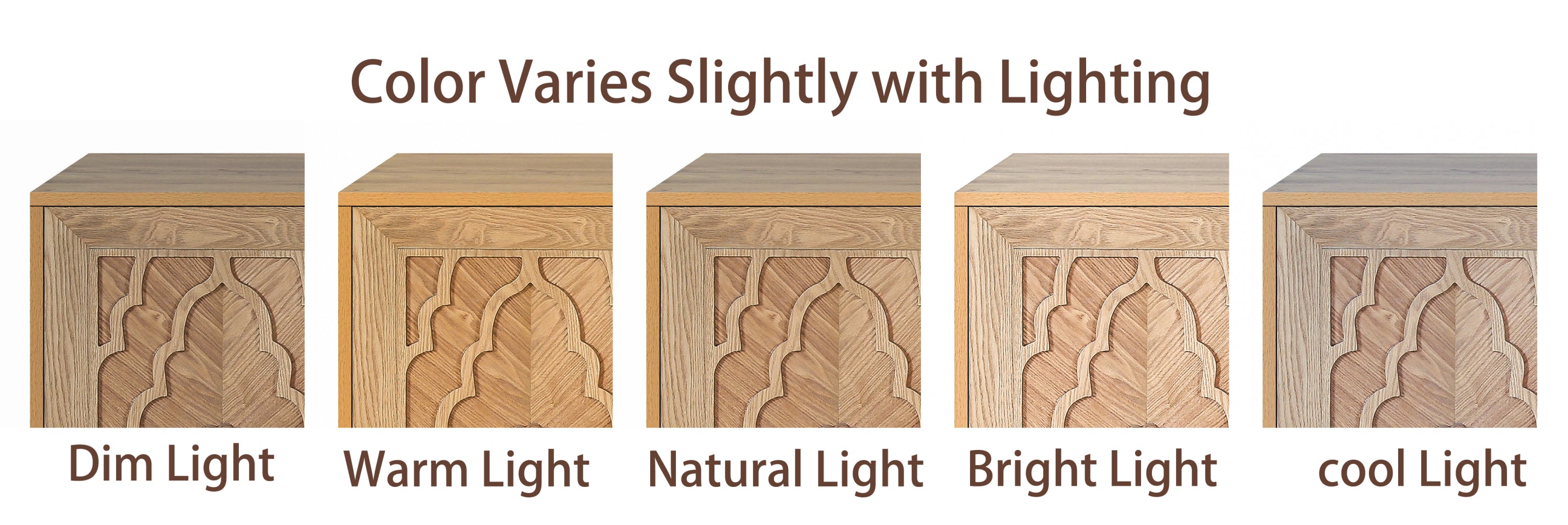 Natural wood storage cabinet metal handle close-up