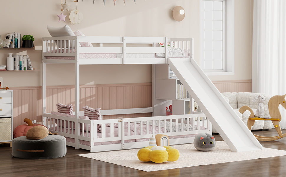 Twin Over Full Bunk Bed with Slide, Storage Staircase, Pine Solid Wooden Bunk Bed with Safety Guardrails ,Grey (Old Sku W504S00184)