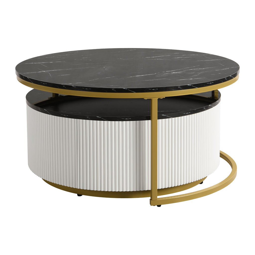 Gold metal base on modern fluted coffee table