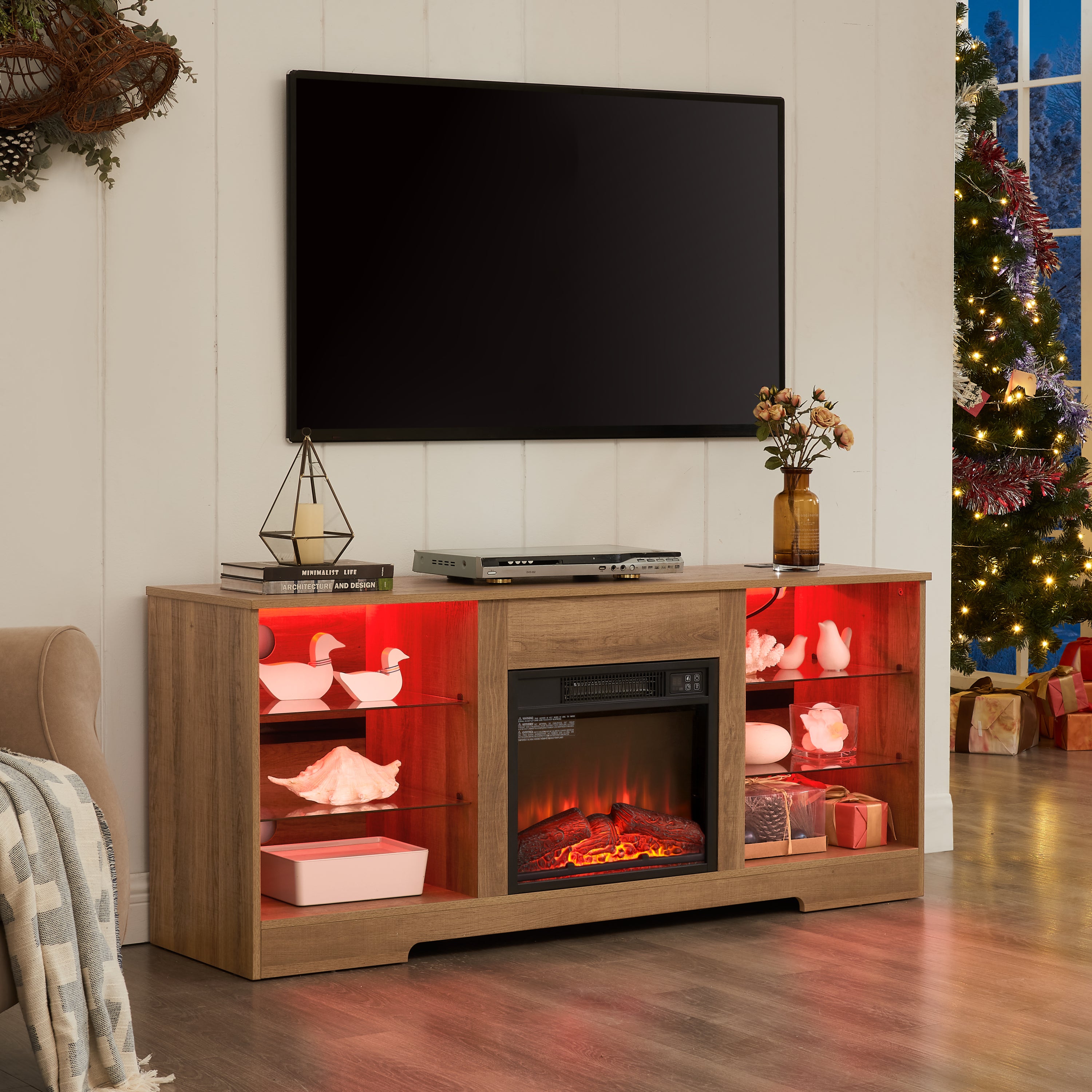 TV stand electric fireplace with glass-door storage cabinets