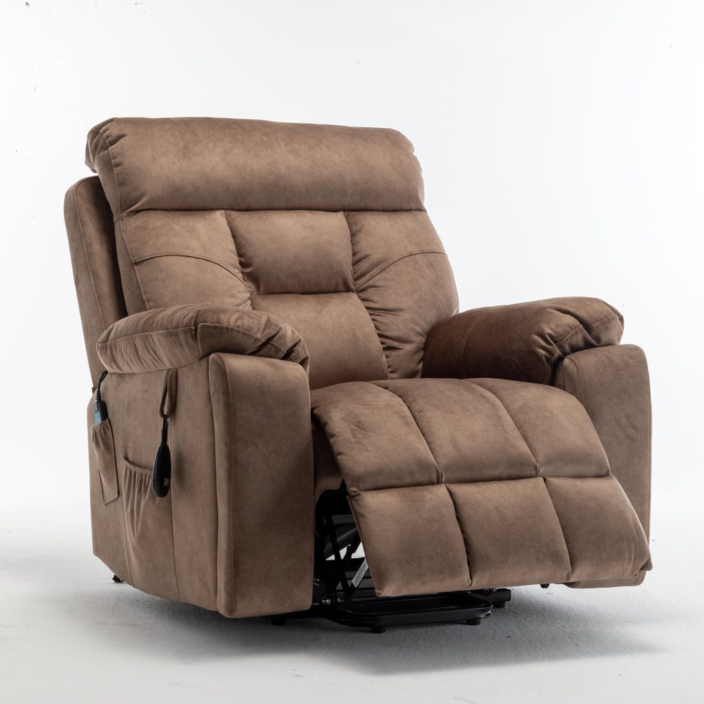 Electric lift recliner in bedroom setting — antique brown