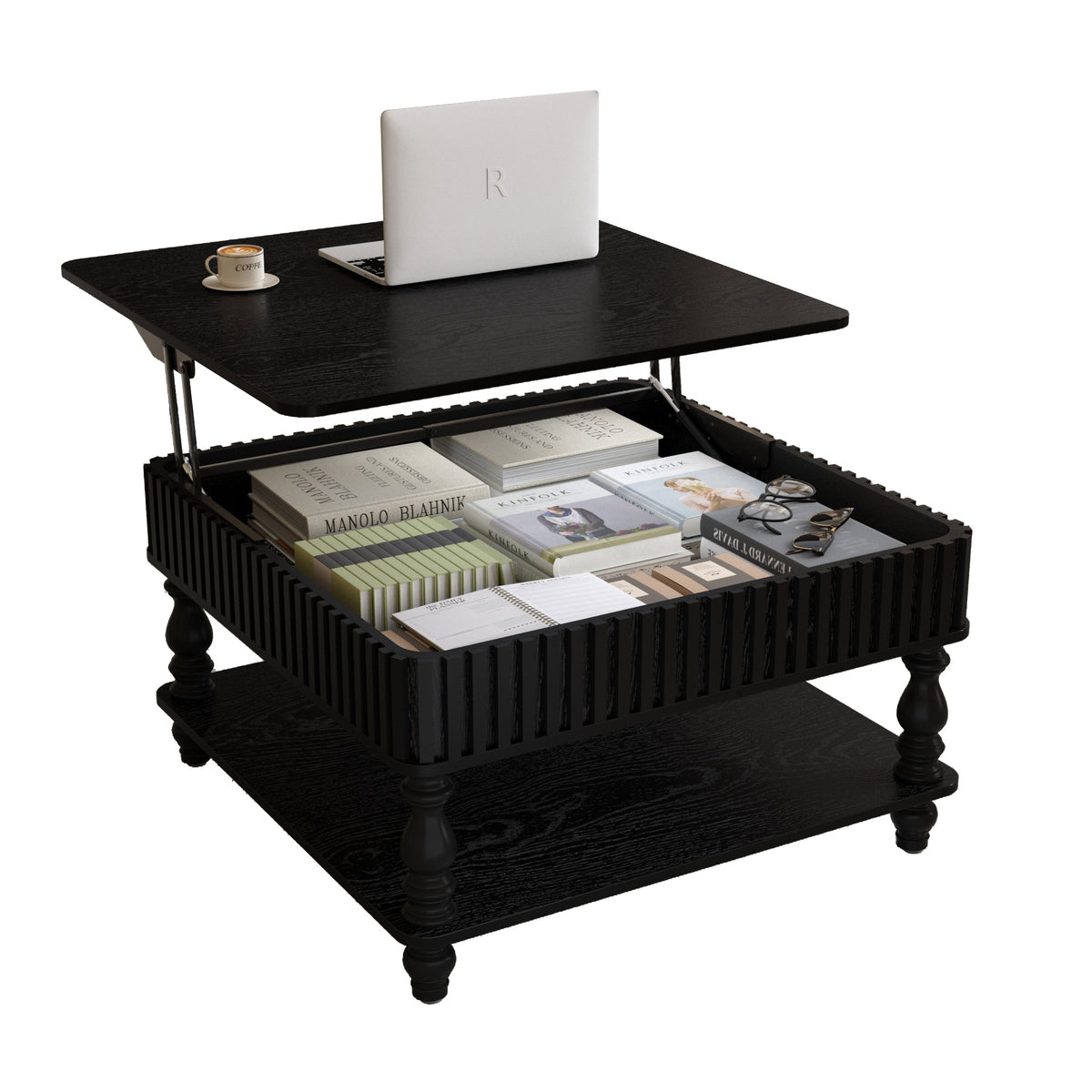 31.5 Inch Square Fluted Lift-Top Coffee Table with Hidden & Open Storage, Hydraulic Raising Mechanism, Retro Solid Wood Legs for Living Room, Sofa (Natural Wood)