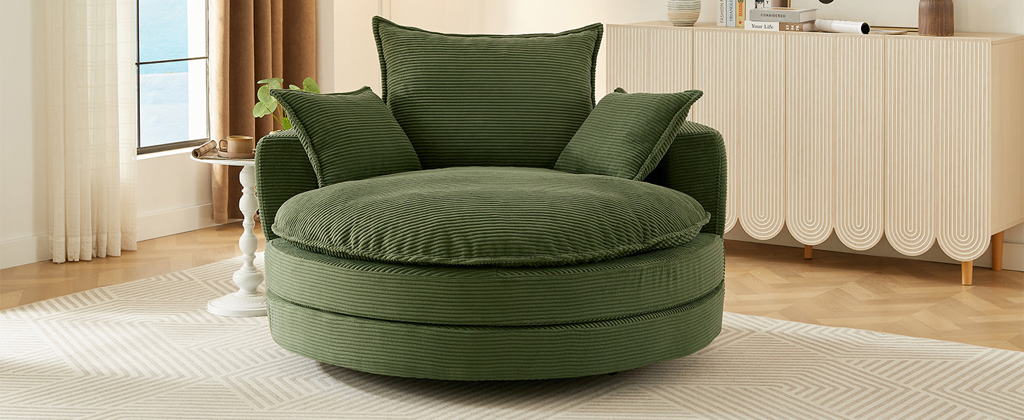 Corduroy Swivel Barrel Chair — 360° with Removable Pillows
