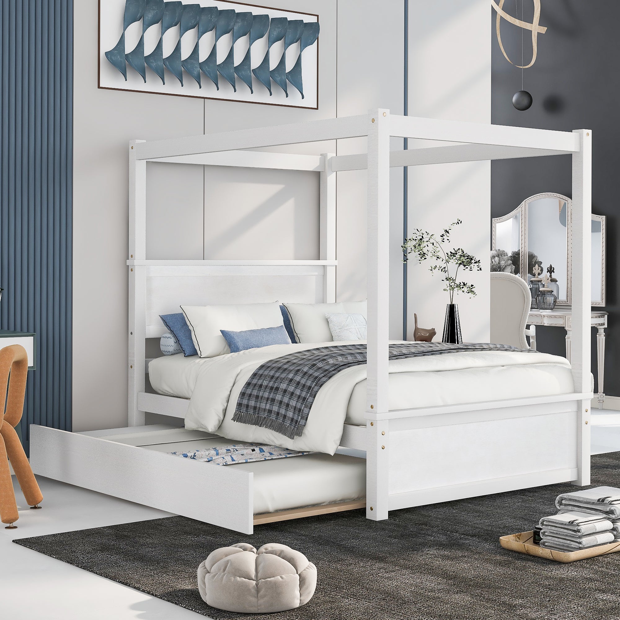 White full size canopy bed with trundle — front view