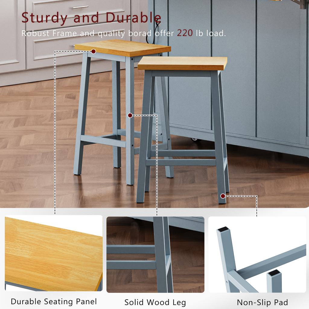 K&K 53inch Large Kitchen Island with 2 Bar Stools, Power Outlet,Door Internal Storage Rack, Kitchen Storage Cart on 5 Wheels with Drop Leaf, 5 Open Side Racks, 3 Drawers,Black (Three Packages)