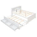 White full size platform bed with storage headboard — front view