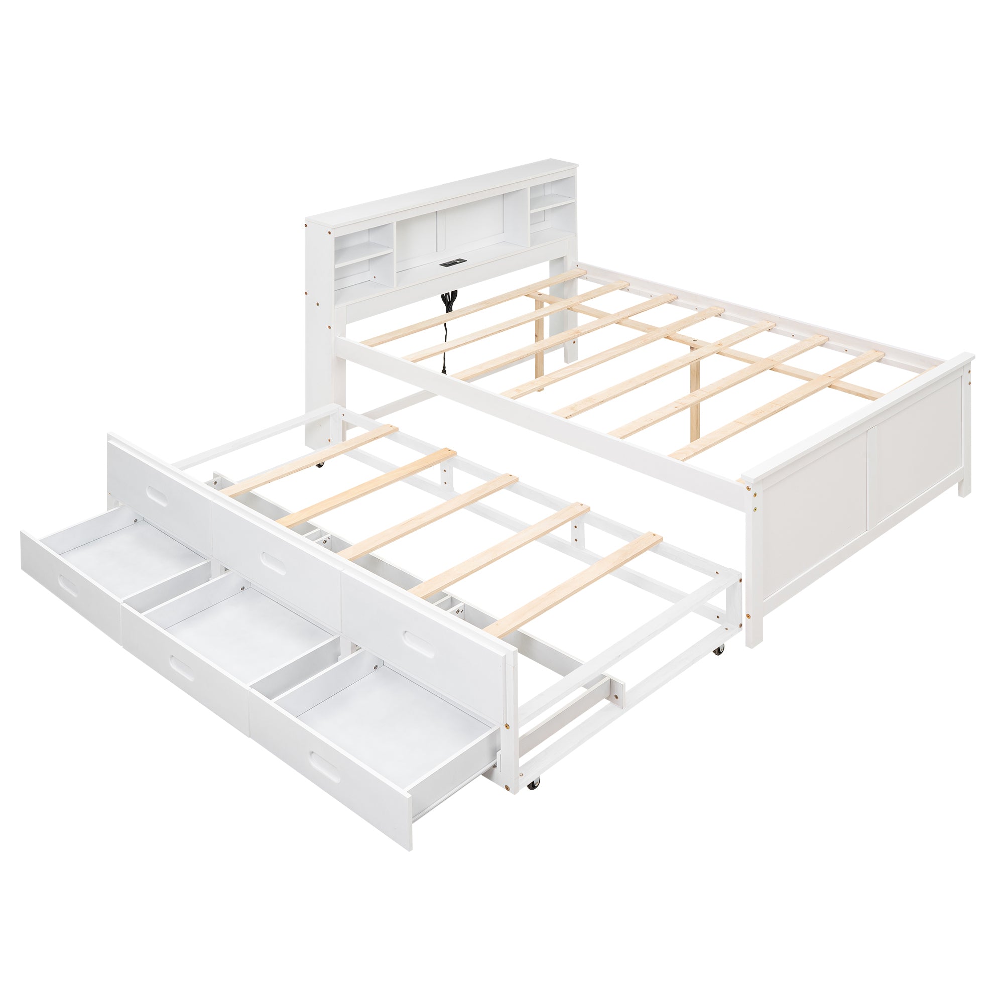 White full size platform bed with storage headboard — front view