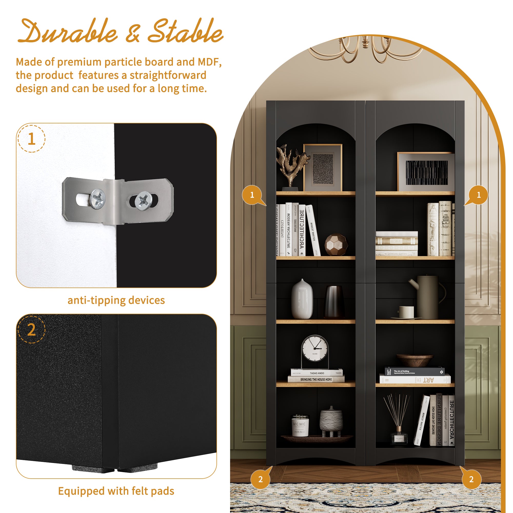 Black retro handle and curved cabinet door detail
