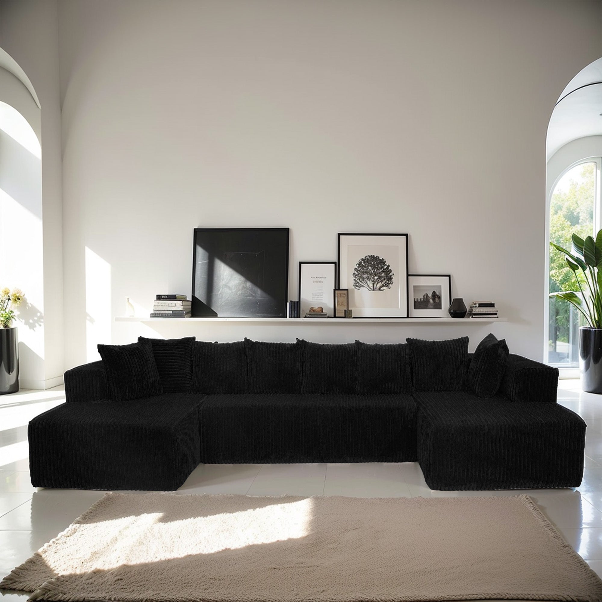 130' Boneless Couch, Cloud Couch Sectional, Corduroy Sofa for Living Room, U Shaped Modular Sofa with Chaise, No Assembly, 4 Seats Oversized,Black.(Old Sku:W3276S00015)