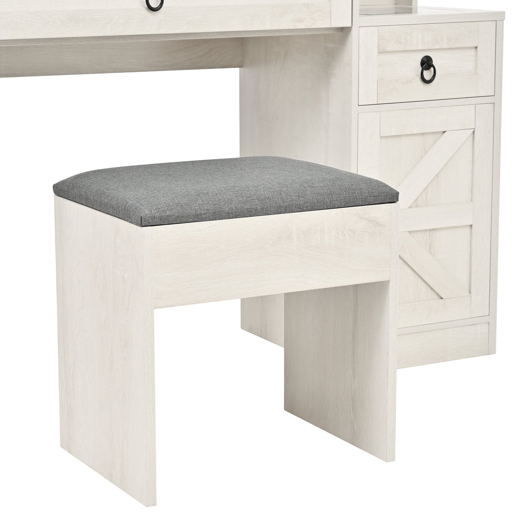 Farmhouse Vanity Desk with Sliding Mirror and Lights, Vanity Set with Glass Top and Charging Station ,Dressing Table with 4 Drawers and 2 Cabinets, Dressing Table with Stool for Bedroom, Gray