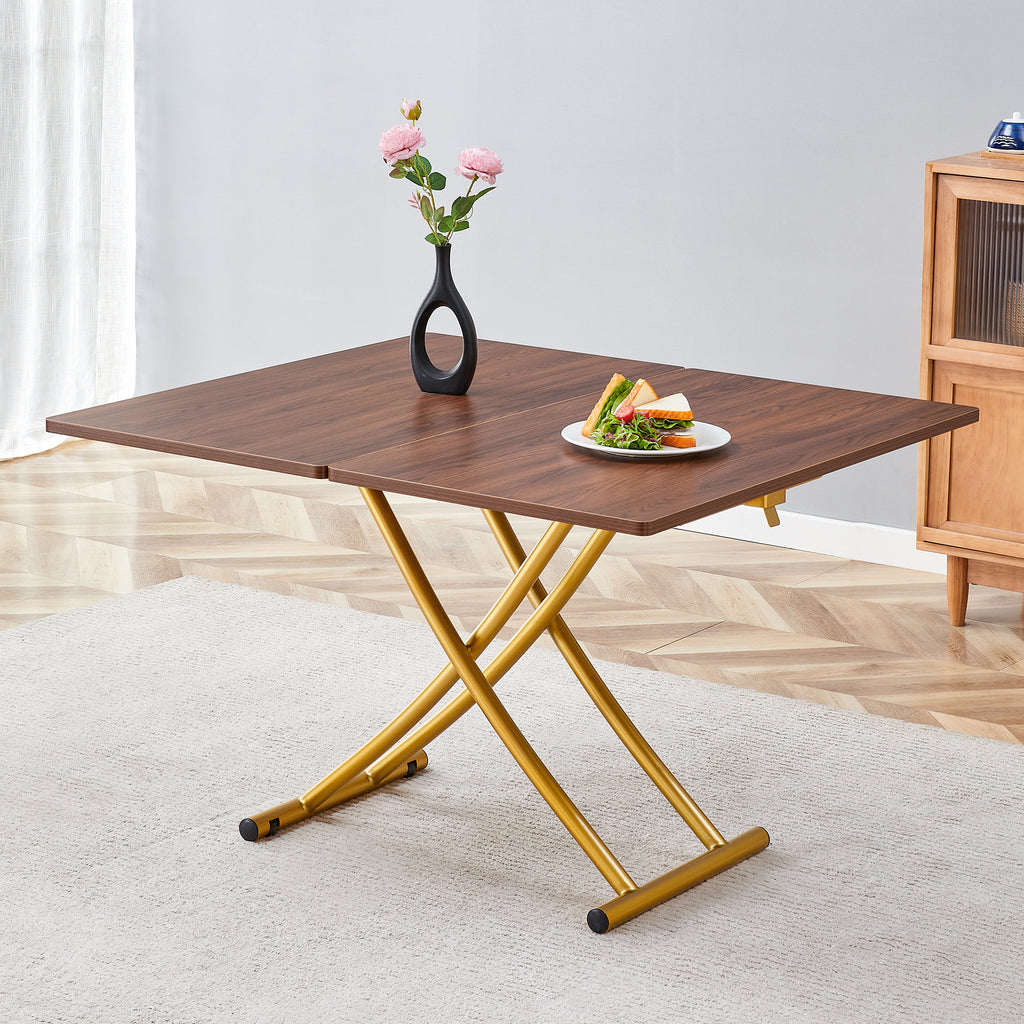 Modern minimalist multifunctional lift table with 0.8 inch thick MDF desktop and golden metal legs,can be used as a dressing table, coffee table, dining table, and office table.Walnut textured desktop