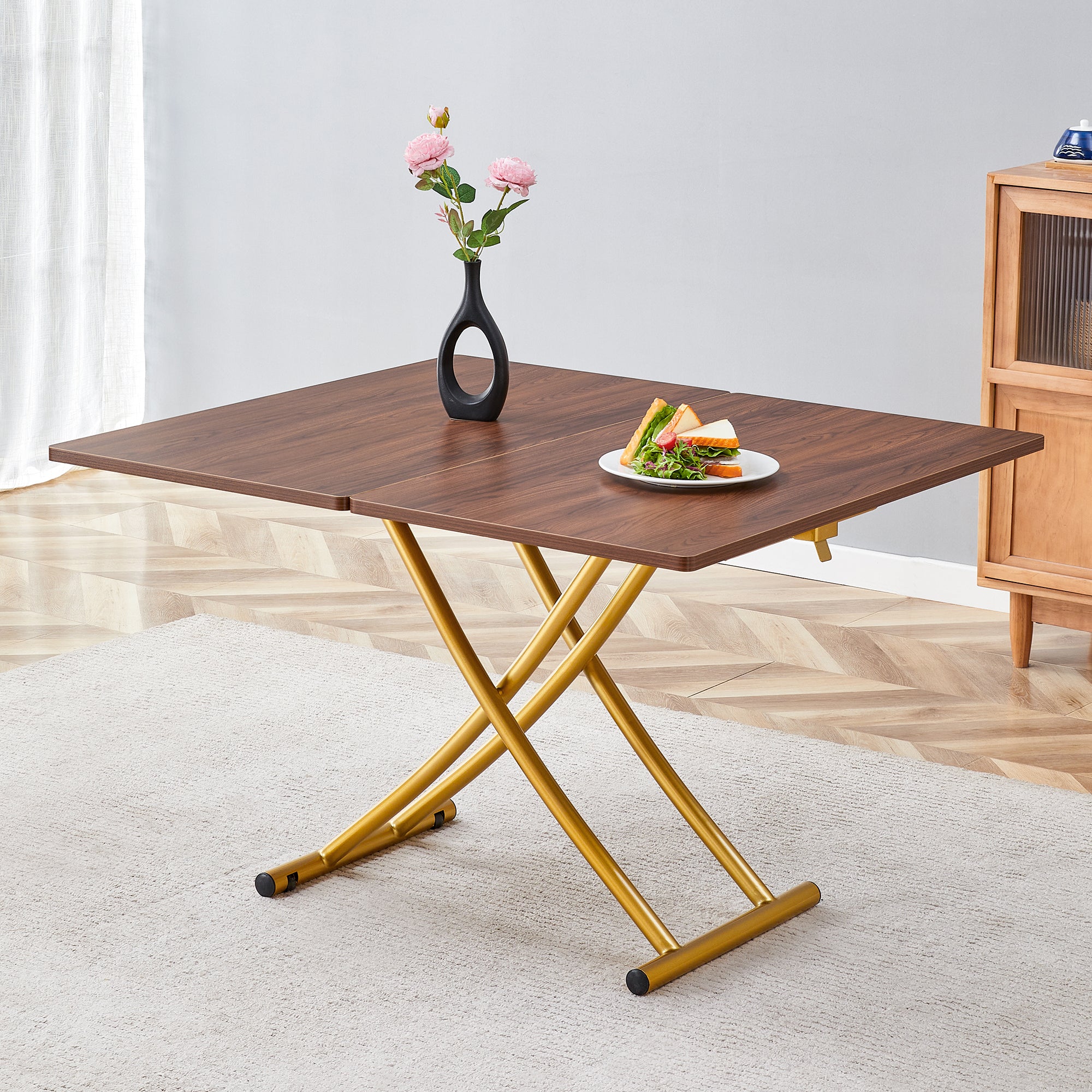 Modern minimalist multifunctional lift table with 0.8 inch thick MDF desktop and golden metal legs,can be used as a dressing table, coffee table, dining table, and office table.Walnut textured desktop