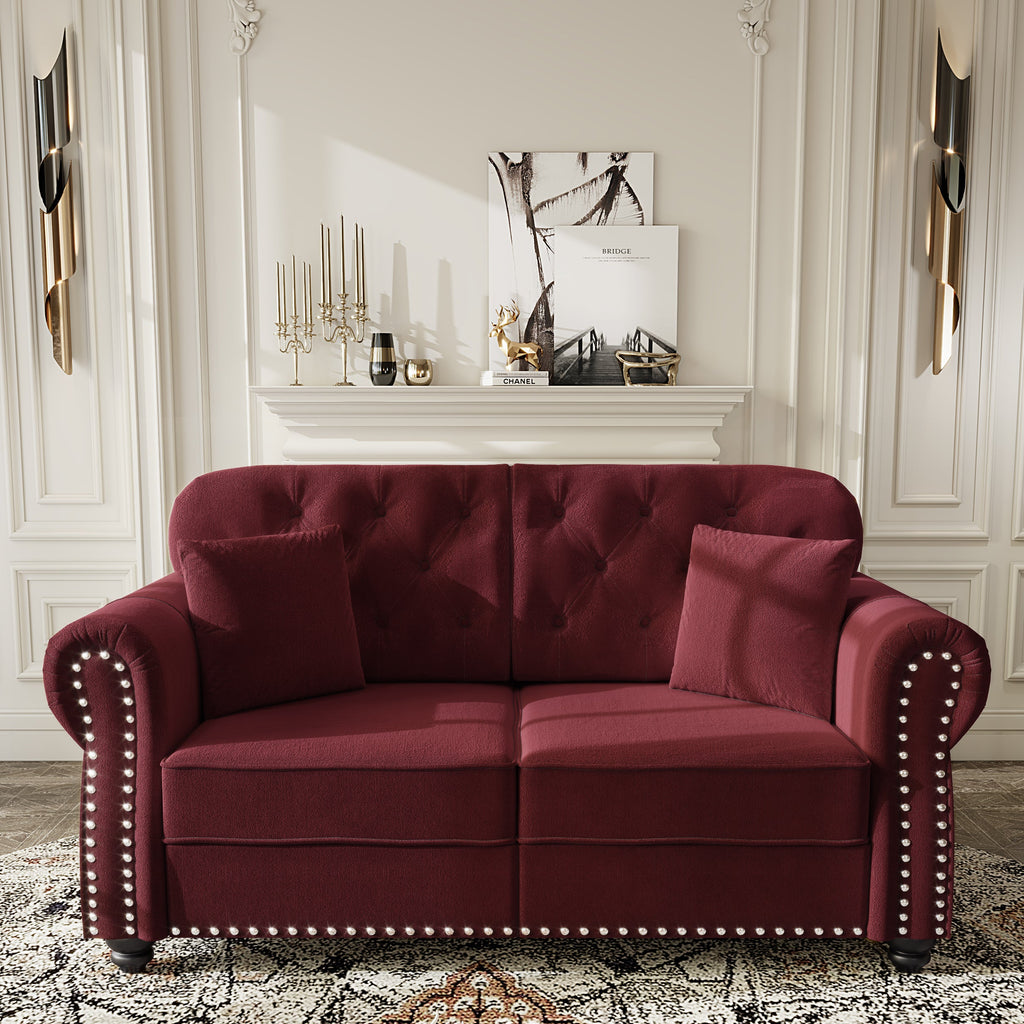 63'Upholstered Velvet Sofa with Nailhead Trim and Rolled Armrests,Mid-Century Modern Chesterfield Sofa with Button Tufted,Includes 2 Pillows,Beige/White