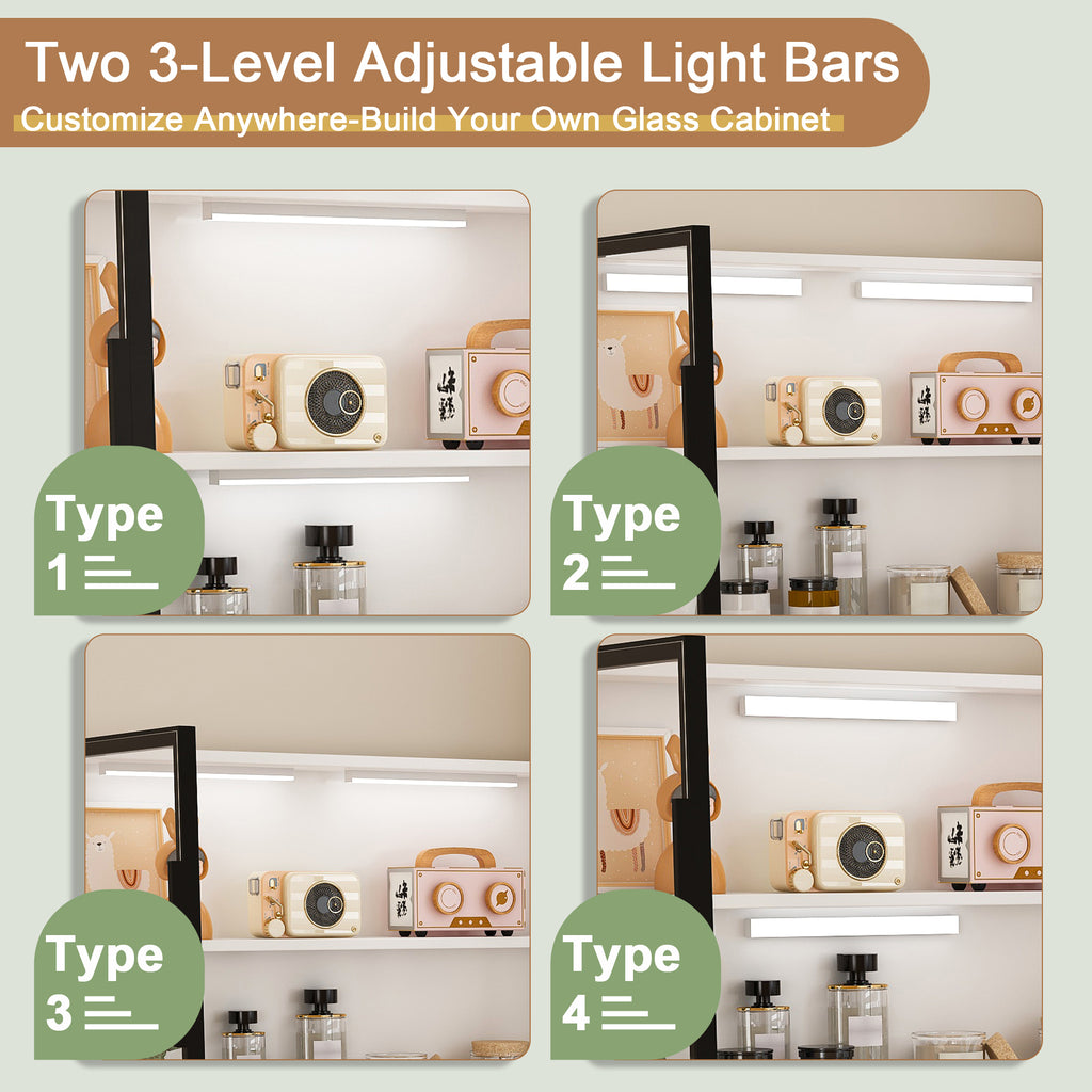 White desk customizable LED light tubes in glass cabinets
