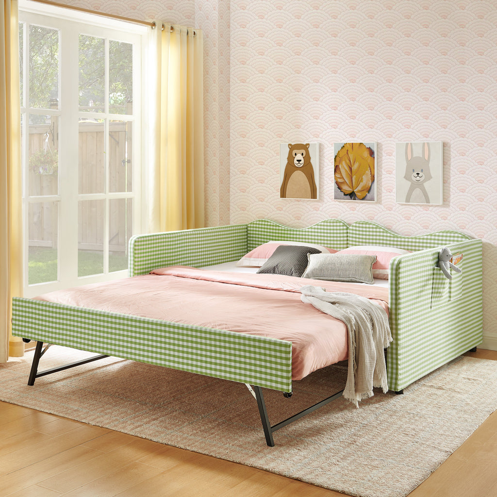 Full‑Size Daybed,Gingham Upholstered Daybed Equipped with Pull-Out Trundle Bed Frame & Side Storage Pocket, Solid Wood Frame Multi-Functional Sofa Bed for Kids Room & Guest Bedroom-PINK