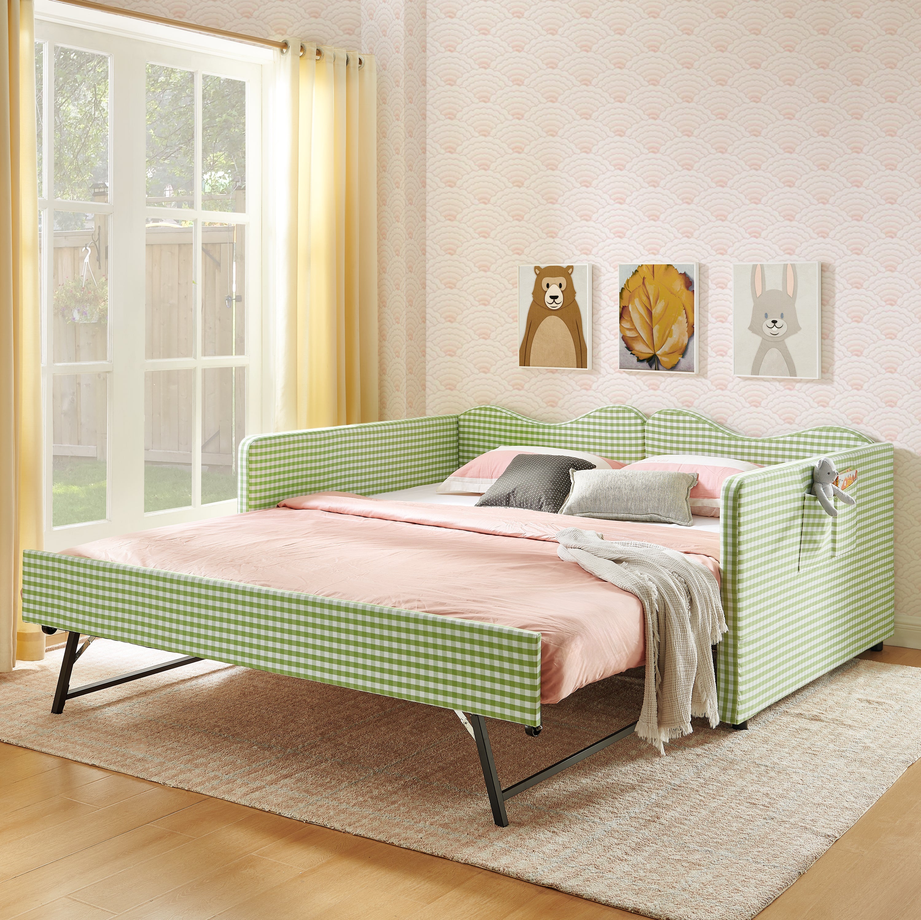 Full‑Size Daybed,Gingham Upholstered Daybed Equipped with Pull-Out Trundle Bed Frame & Side Storage Pocket, Solid Wood Frame Multi-Functional Sofa Bed for Kids Room & Guest Bedroom-PINK