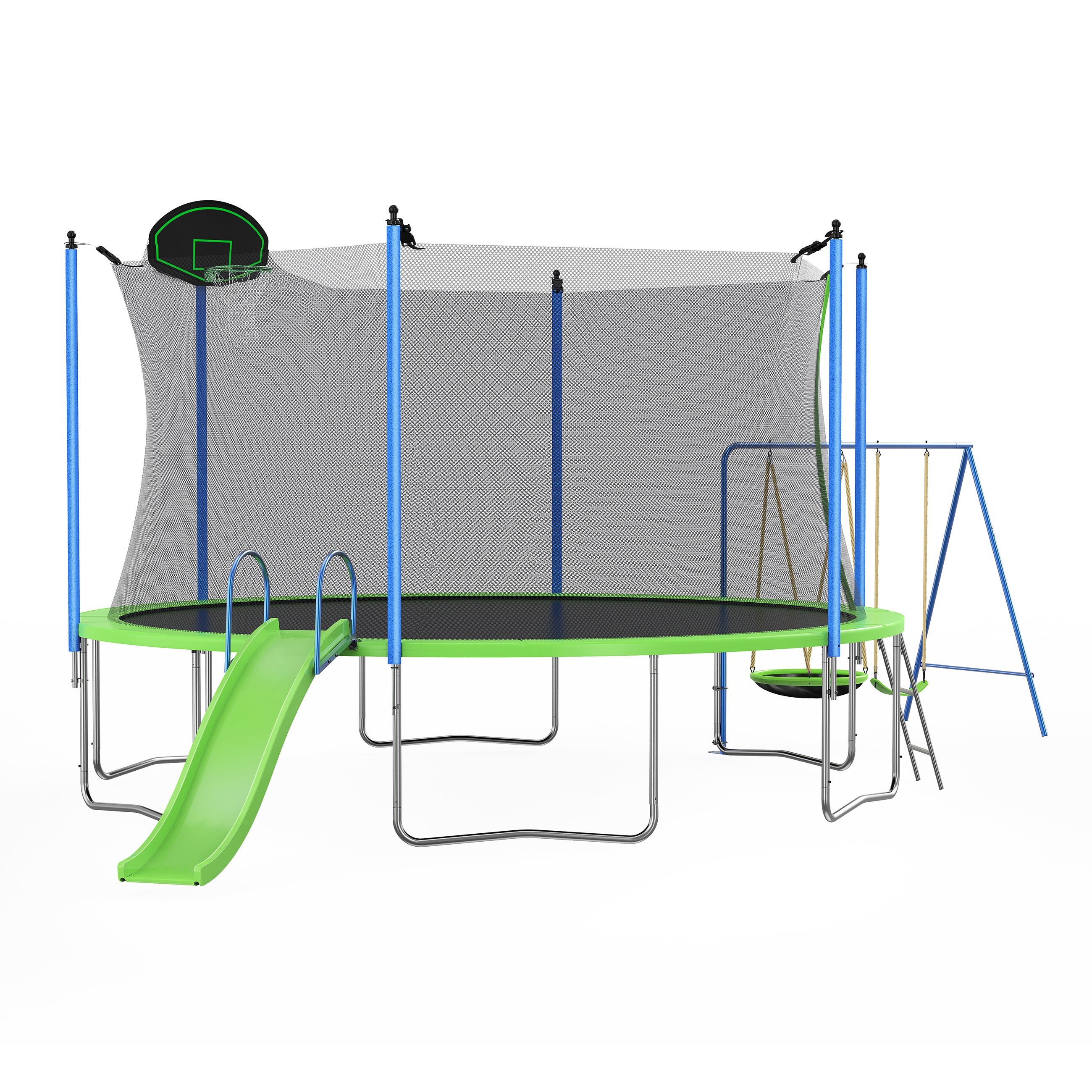 Swing seat with plastic cushion on trampoline play set