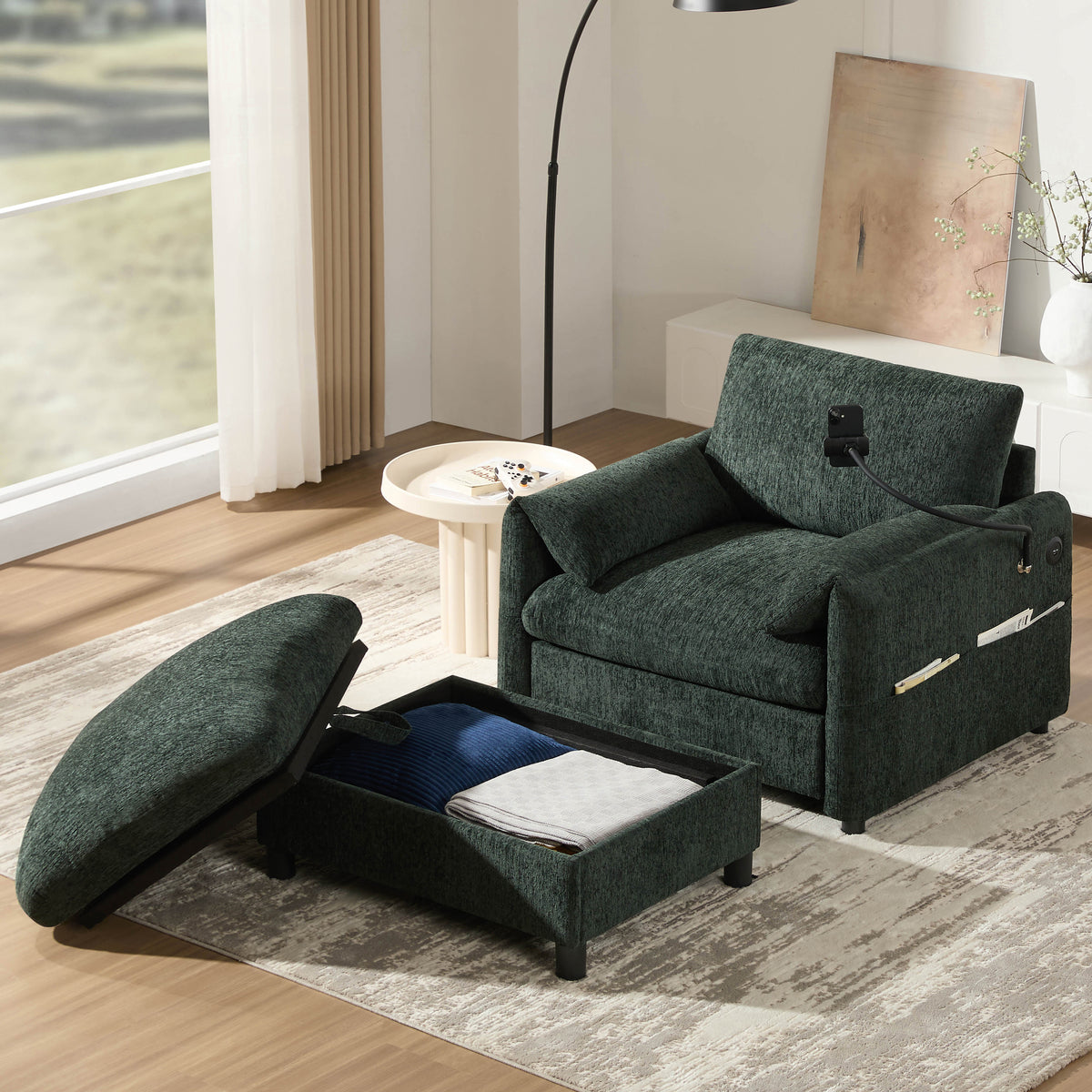 37' Single Sofa with Storage Ottoman, Adjustable Phone Holder, Dual-Port Charger, Storage Pockets, Elephant Ear Armrest, Comfy Chenille Armchair, Modern Cloud Chaise Lounge for Living Room&Apartment